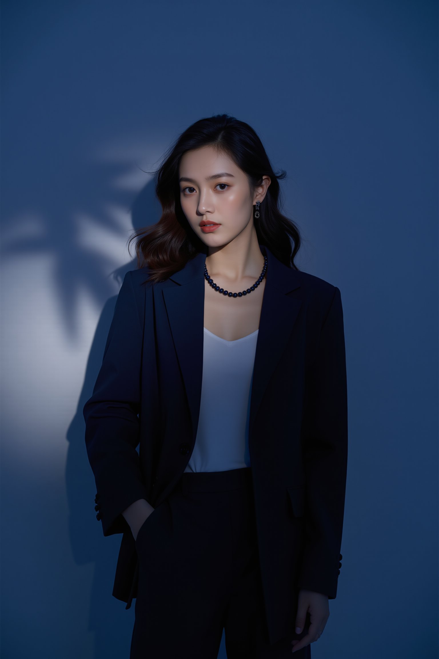 tianhai girl,Young woman, navy blue blazer, navy blue pants, ivory top, navy blue earrings, navy blue necklace, hair falling naturally, refined makeup, gradient navy blue background, shadow of plant leaves<lora:光影人像v2.0:0.8>