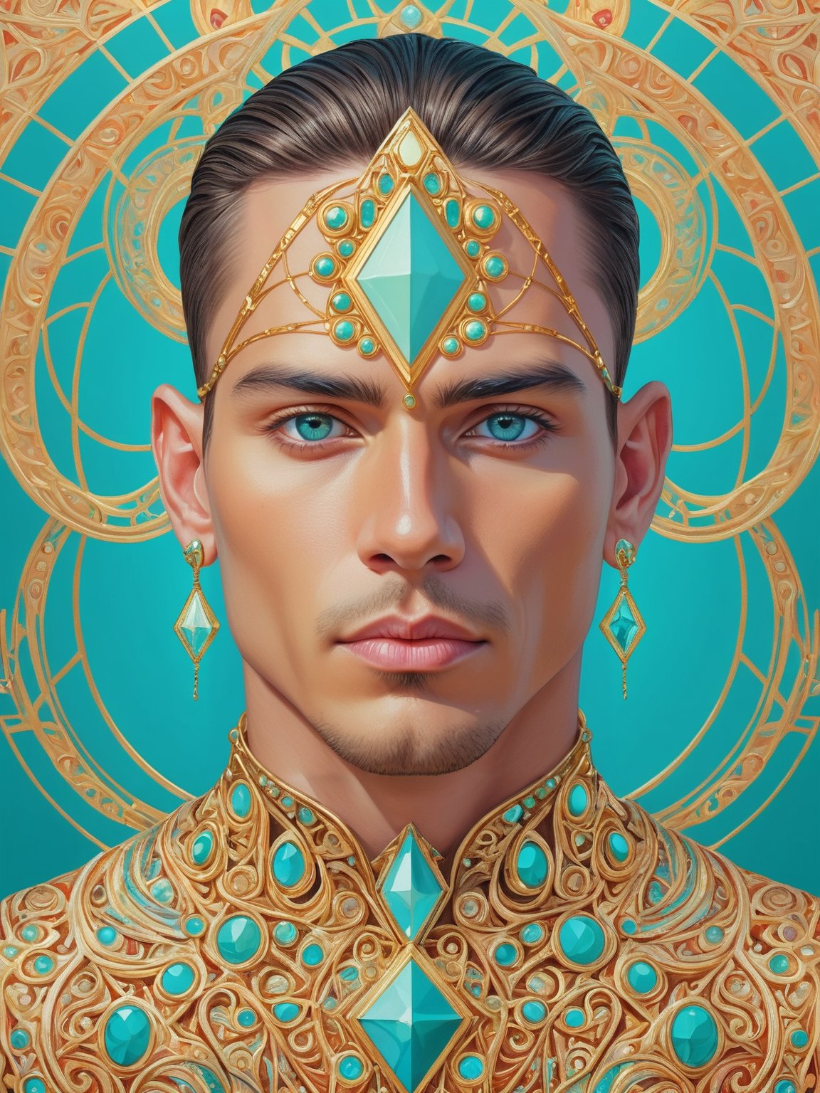 Intricate picture of a man symmetrical portrait made of a golden illustration with beautiful colors and lines and symmetrical features with pastel colors and shiny jewels on an ocean of turquoise