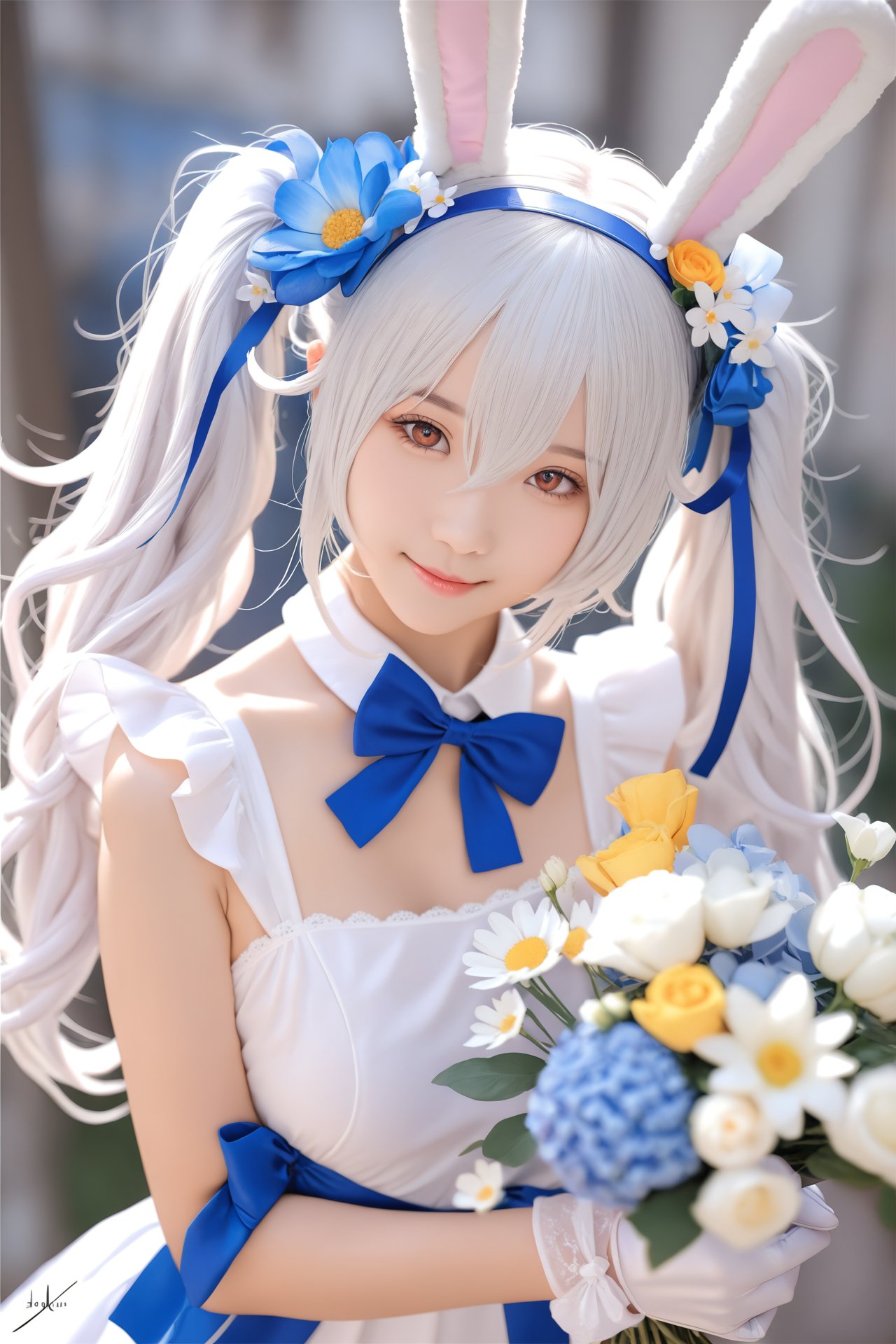 masterpiece, Realism, best quality, loli, 1girl, animal ears, solo, flower, gloves, rabbit ears, white gloves, white hair, hair ornament, dress, looking at viewer, hair flower, white dress, twintails, blurry background, hair between eyes, bow, upper body, white flower, fake animal ears, brown eyes, official alternate costume, lips, blue flower, blue bow, bowtie, ribbon, dutch angle, long hair, breasts, closed mouth, laffey (azur lane), realistic, smile, signature, blue ribbon, bouquet, head tilt, artist name