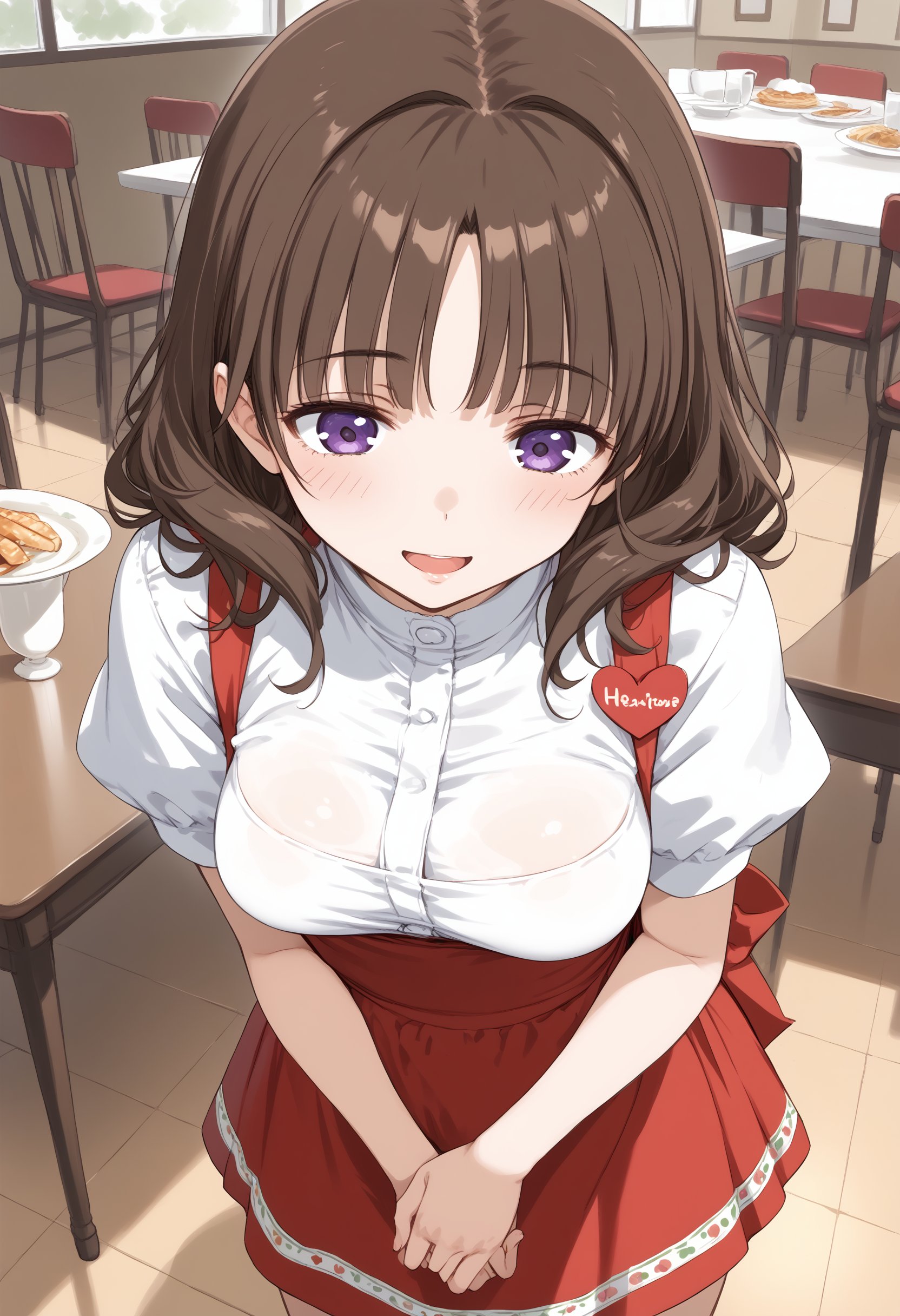 1girl, medium breasts,anna miller ,waitress,name tag,high-waist skirt,suspender skirt, apron,restaurant,  <lora:annamiller_Pony_v1:0.8>from above, feet out of frame, looking down, brown hair, purple eyes,seductive smile, open mouth, tired hair,