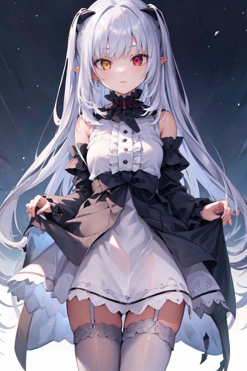 masterpiece, best quality, ultra-detailed, glistening shiny, glowing light, ray tracing, HDR, deph of field, (perfect face, detailed face), 1girl, solo, <lora:ChloeLilithStella:0.8>, chloelilith, pointy ears, demon girl, heterochromia, black dress,  frills, frilles collar, detached sleeves, skirt lift, white thighhighs, standing