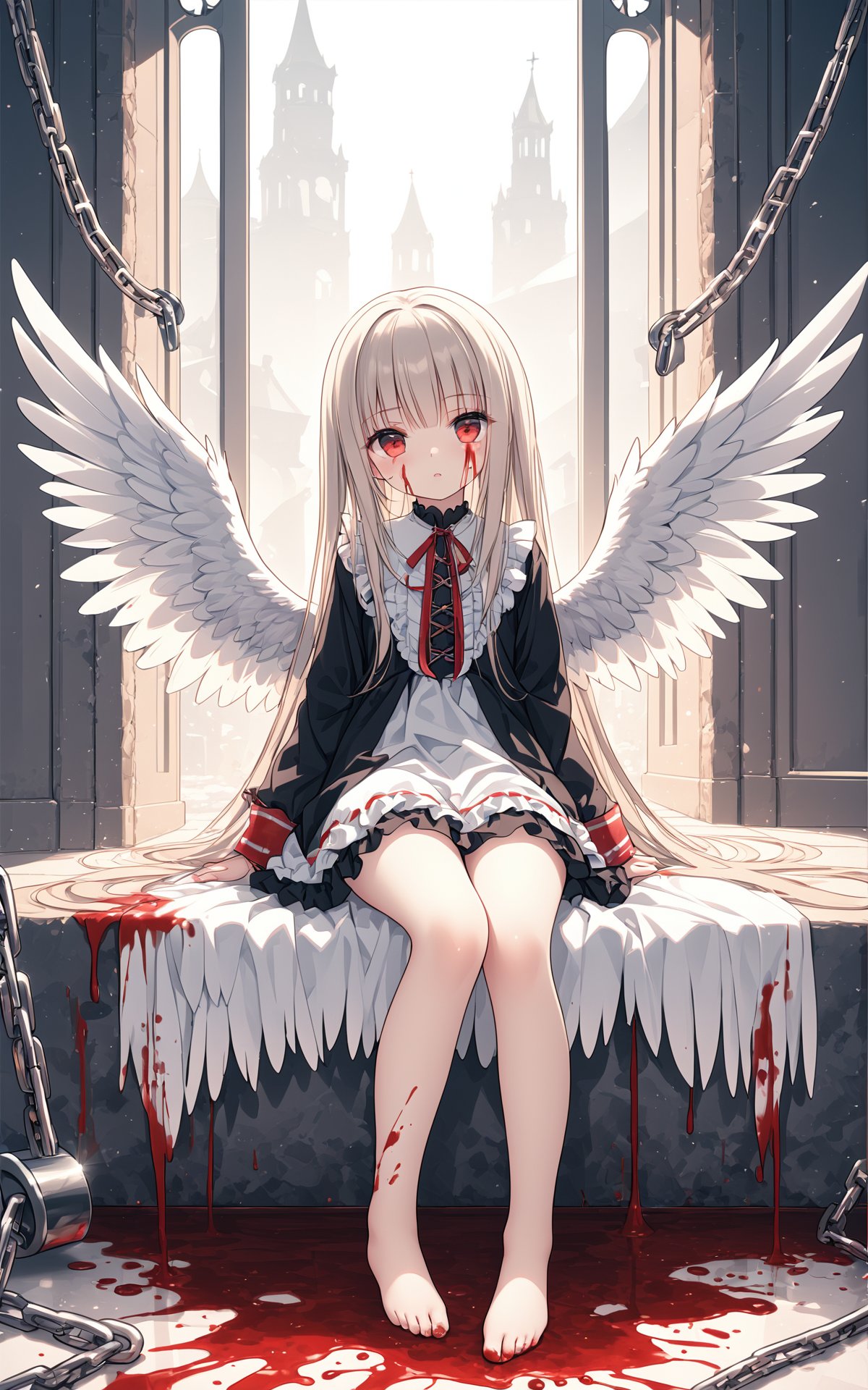 (masterpiece),(best quality),illustration,ultra detailed,hdr,Depth of field,(colorful),loli,1girl,solo,wings,blood,long hair,sitting,chain,red eyes,blood on hands,feathered wings,barefoot,blood on face,blood from eyes,dress,long sleeves,cuffs,feathers,frills,looking at viewer,very long hair,white wings,bandages,shackles,bangs,