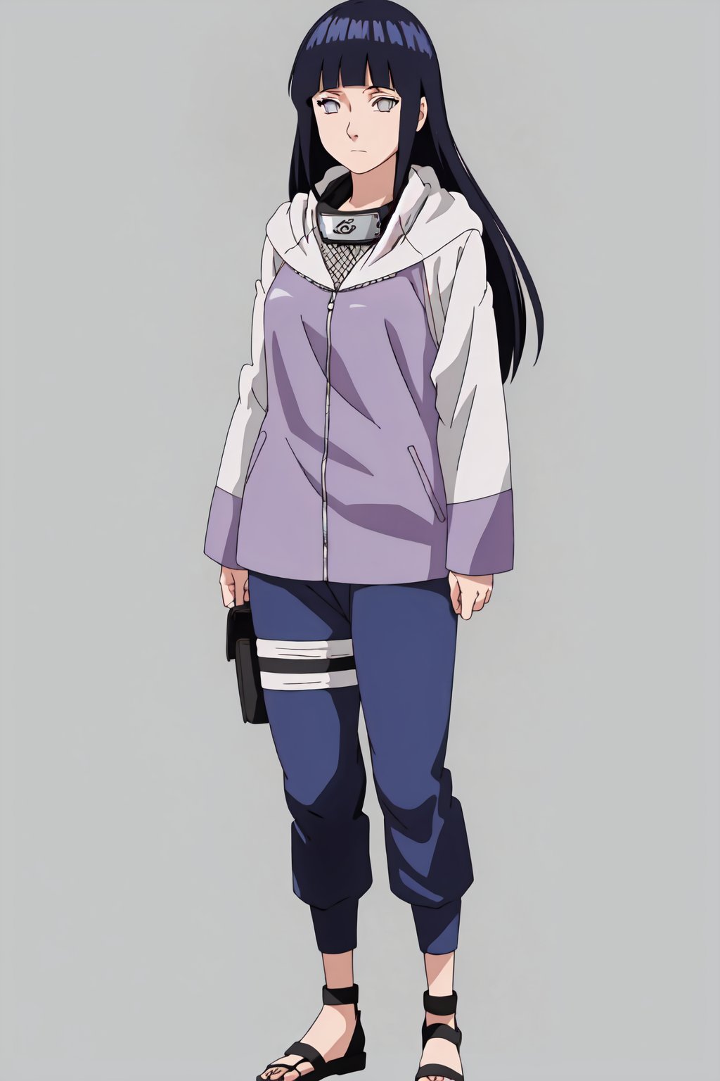 HinataHyuga, 4k, absurd, high resolution, very high resolution, high definition, masterpiece, 1girl, solo, long hair, looking at viewer, simple background, black hair, long sleeves, white background, closed mouth, standing, jacket, upper body, pants, hood, blunt bangs, grey eyes, sandals, hood down, straight hair, blue pants, white eyes, forehead protector, toeless footwear, konohagakure symbol<lora:EMS-396615-EMS:0.800000>