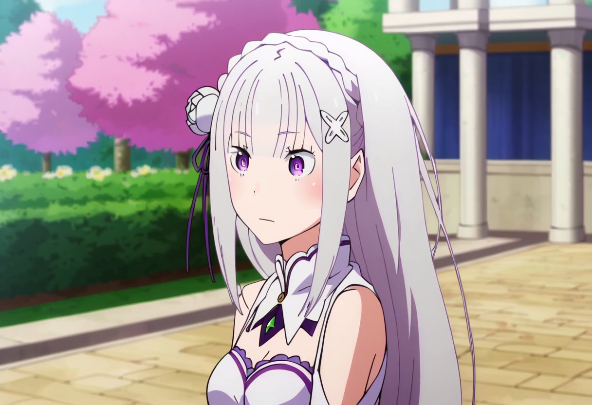 <lora:emilia:1> emilia, 1girl, emilia (re:zero), solo, hair ornament, long hair, x hair ornament, flower, purple eyes, bangs, ribbon, hair ribbon, hair flower, outdoors