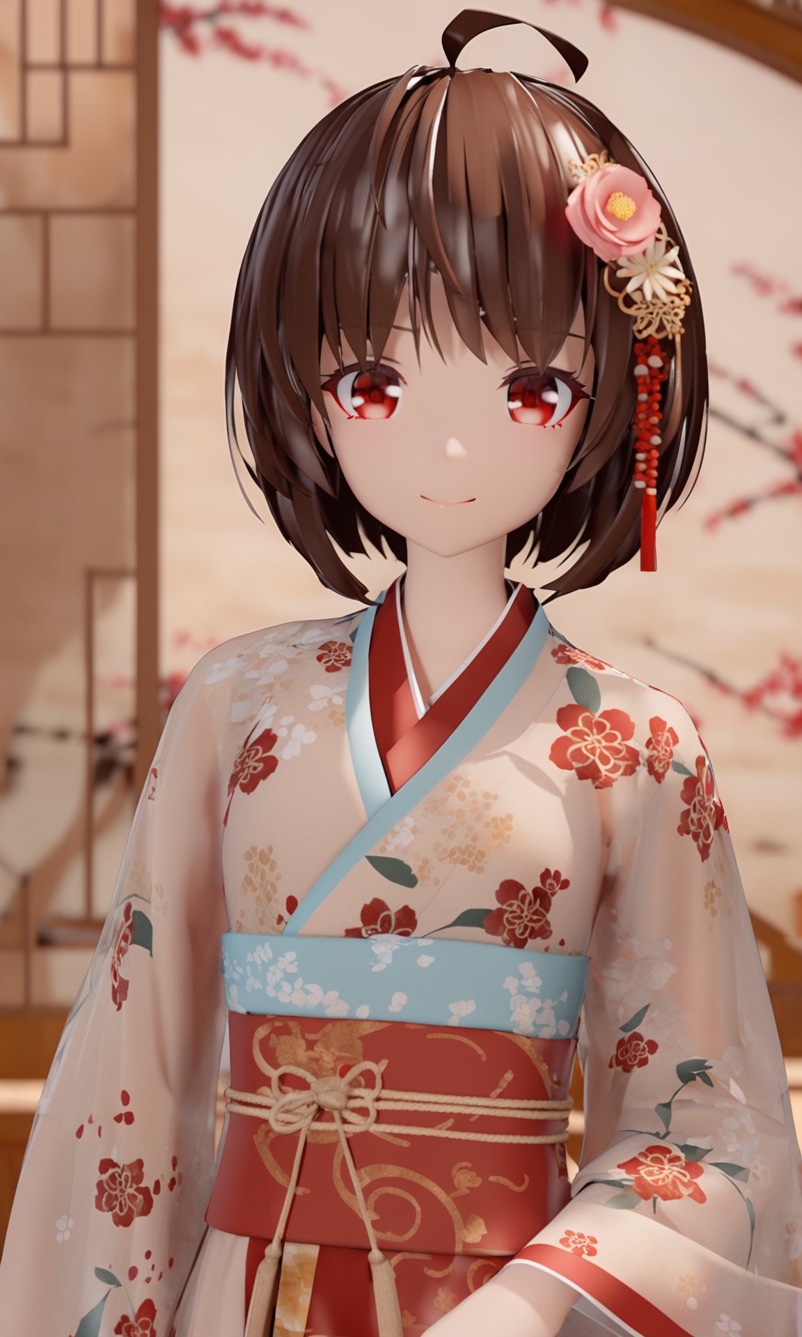 artist mmd,1girl,solo,red eyes,looking at viewer,hair ornament,short hair,upper body,brown hair,blurry,ahoge,bangs,chinese clothes,see-through,depth of field,hanfu,smile,floral print,closed mouth,