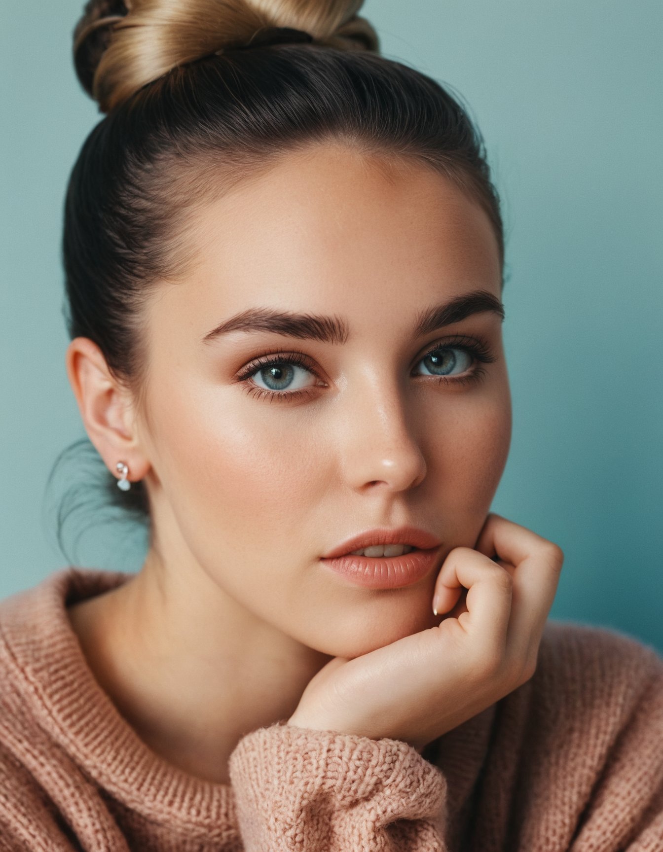 face close-up, peach fuzz, 1girl, blue eyes, realistic, single hair bun, sweater, portrait, hand on own chin, parted lips, grey hair, nail polish, fingernails, sleeves past wrists, RAW candid cinema, 16mm, color graded portra 400 film, remarkable color, ultra realistic, textured skin, remarkable detailed pupils, realistic dull skin noise, visible skin detail, skin fuzz, dry skin, shot with cinematic camera