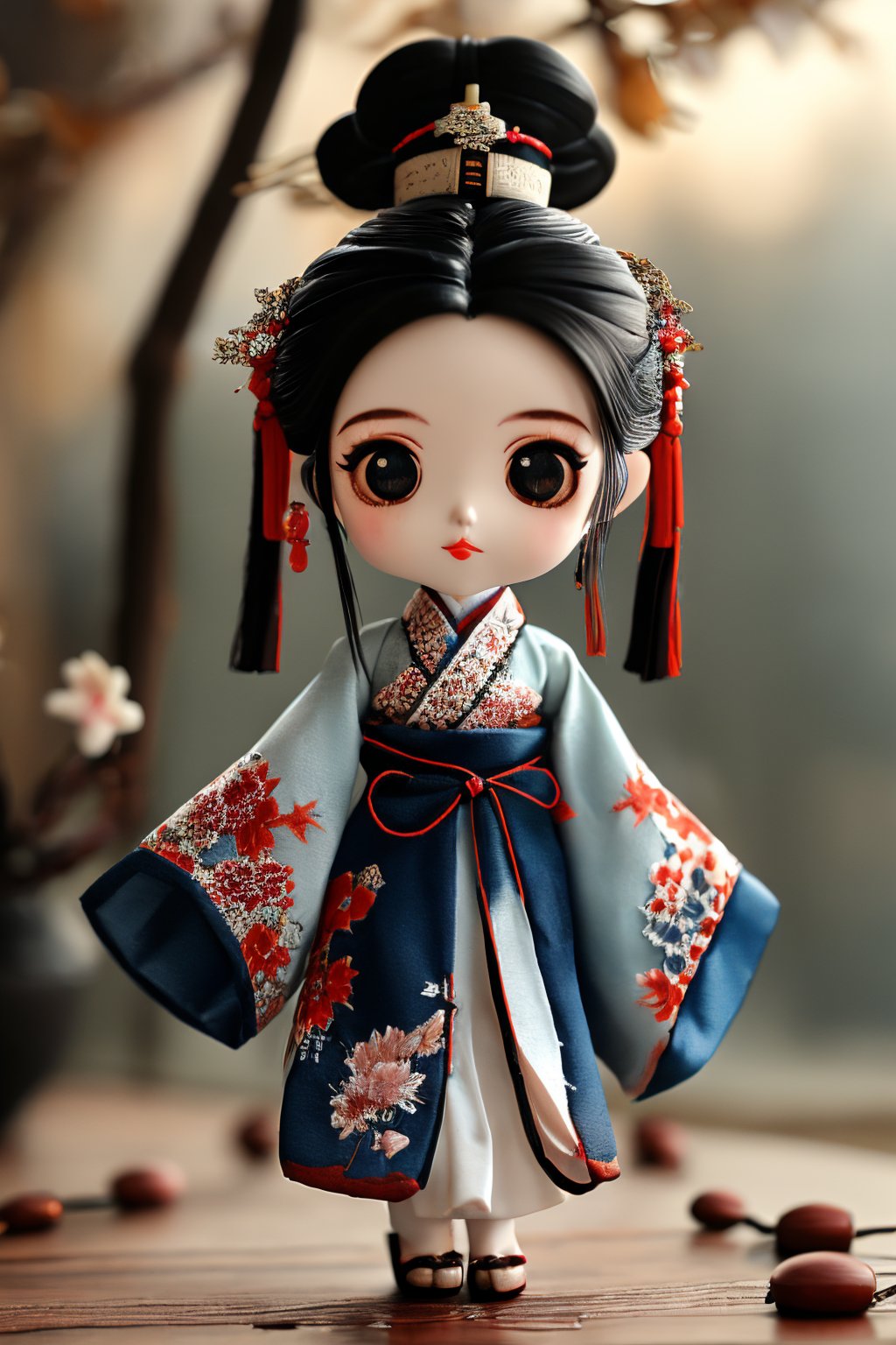 PPMT01,1girl,solo,looking at viewer,jewelry,long sleeves,black hair,blurry background,full body,standing,sleeves past wrists,chinese clothes,wide sleeves,black eyes,chibi,<lora:PPMT1.5-000008:0.8>,, masterpiece, best quality,