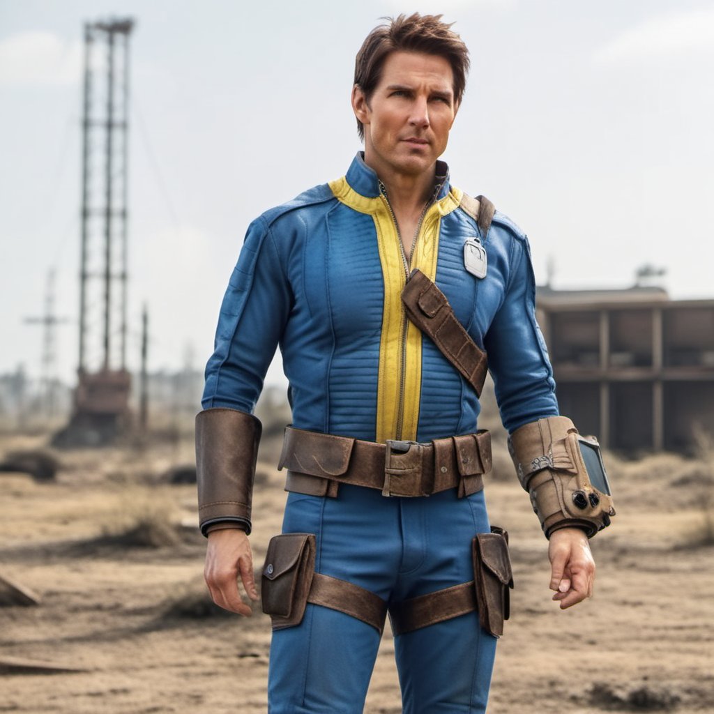 Dystopian style full body tom cruise wears a blue and yellow outfit, a computer wrist, a belt, smiles, thumbs up <lora:Fallout-V2-1024-120:0.8> . Bleak, post-apocalyptic, somber, dramatic, highly detailed