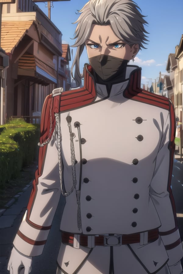 akudamamaster, <lora:akudama master s1-lora-nochekaiser:1>,master, grey hair, male focus, mask, mouth mask, blue eyes, mature male,BREAK belt, white gloves, uniform, military, military uniform,BREAK outdoors, city,BREAK looking at viewer, (cowboy shot:1.5),BREAK <lyco:GoodHands-beta2:1>, (masterpiece:1.2), best quality, high resolution, unity 8k wallpaper, (illustration:0.8), (beautiful detailed eyes:1.6), extremely detailed face, perfect lighting, extremely detailed CG, (perfect hands, perfect anatomy),