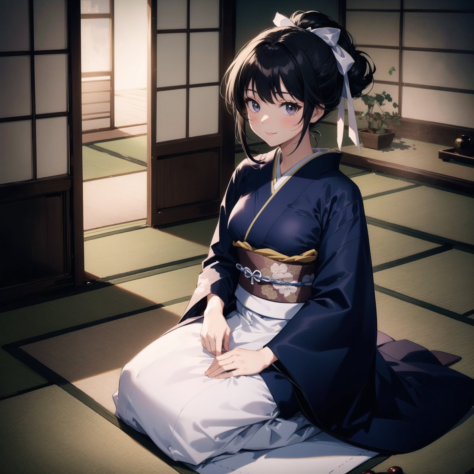portrait, 1 cute girl and 1 beautiful woman,fullbody,((long-sleeved kimono,furisode,kyo-yuzen)),black hair,((Hairstyle: half-updo)),((white ribbon)),((Japanese-style room with tatami)),seiza,smile,perfect lighing,, BREAKsfw, (masterpiece, best quality:1.4), (ultra detailed),(absurdres), Perfect delicate (animation cel),