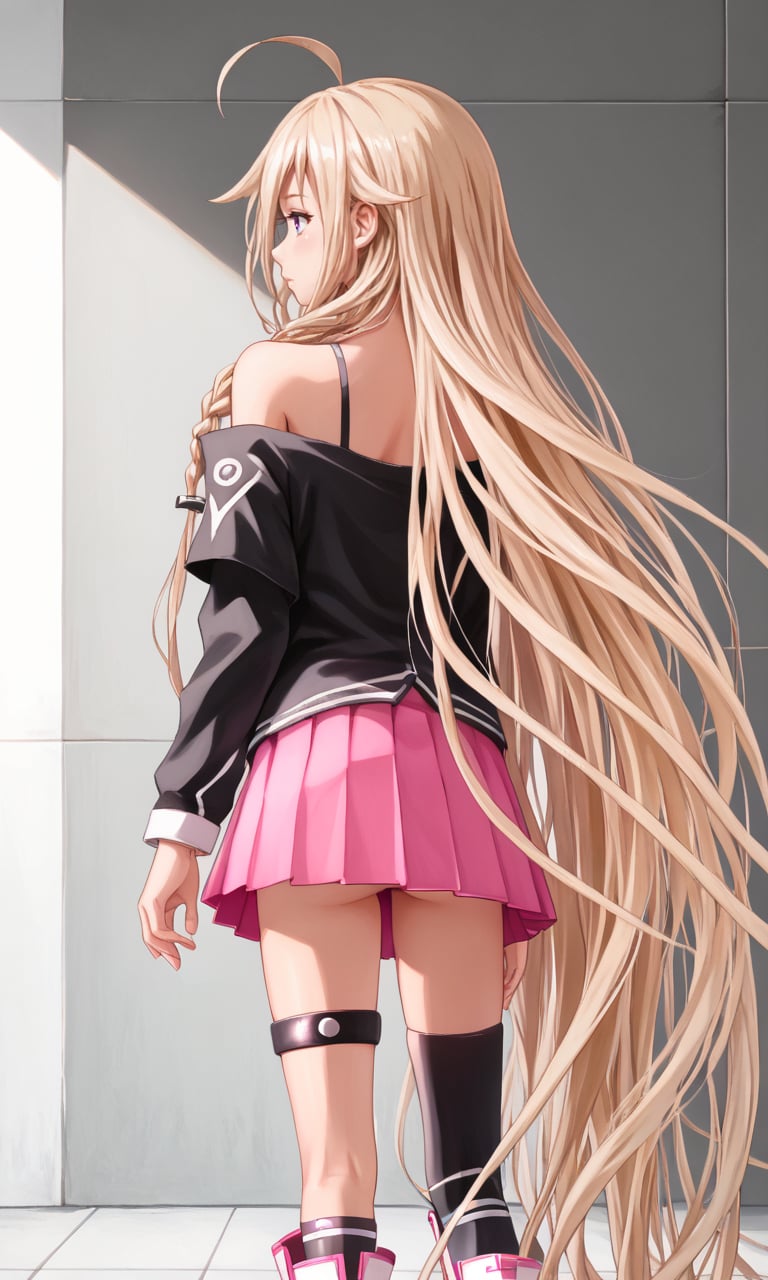 1girl, solo, from behind <lora:IAXLpony1:1> ia, blonde, ahoge, twin braids, floating hair, very long hair, black off-shoulder shirt, pink pleated skirt, asymmetrical legwear, thigh strap, knee boots,