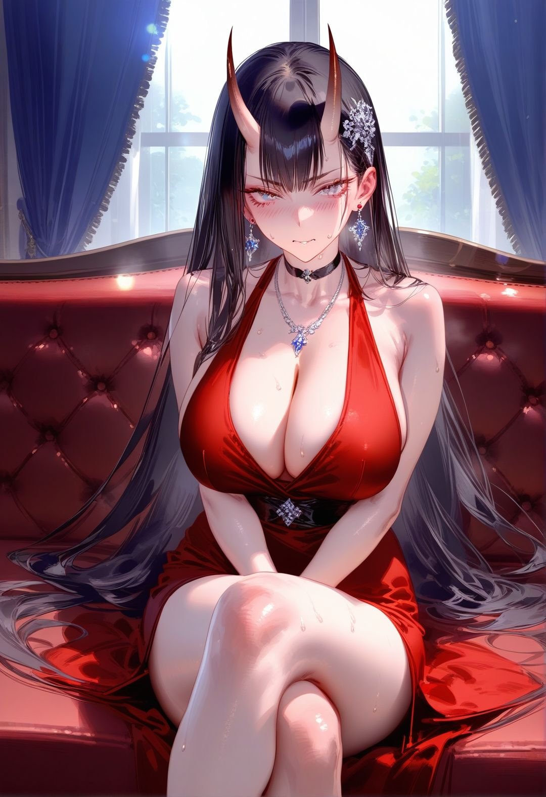 masterpiece, best quality,  <lora:RAR 0.4v:1>,RAR,1girl, solo, long hair, looking at viewer, large breasts, hair ornament, white eyes, dress, cleavage, jewelry, bare shoulders, very long hair, sitting, black hair, earrings, sweat, oni horns, sleeveless, choker, necklace, red dress, sleeveless dress, black choker, crossed legs, couch, both hands between legs, window, light flare, lens flare, curtains,