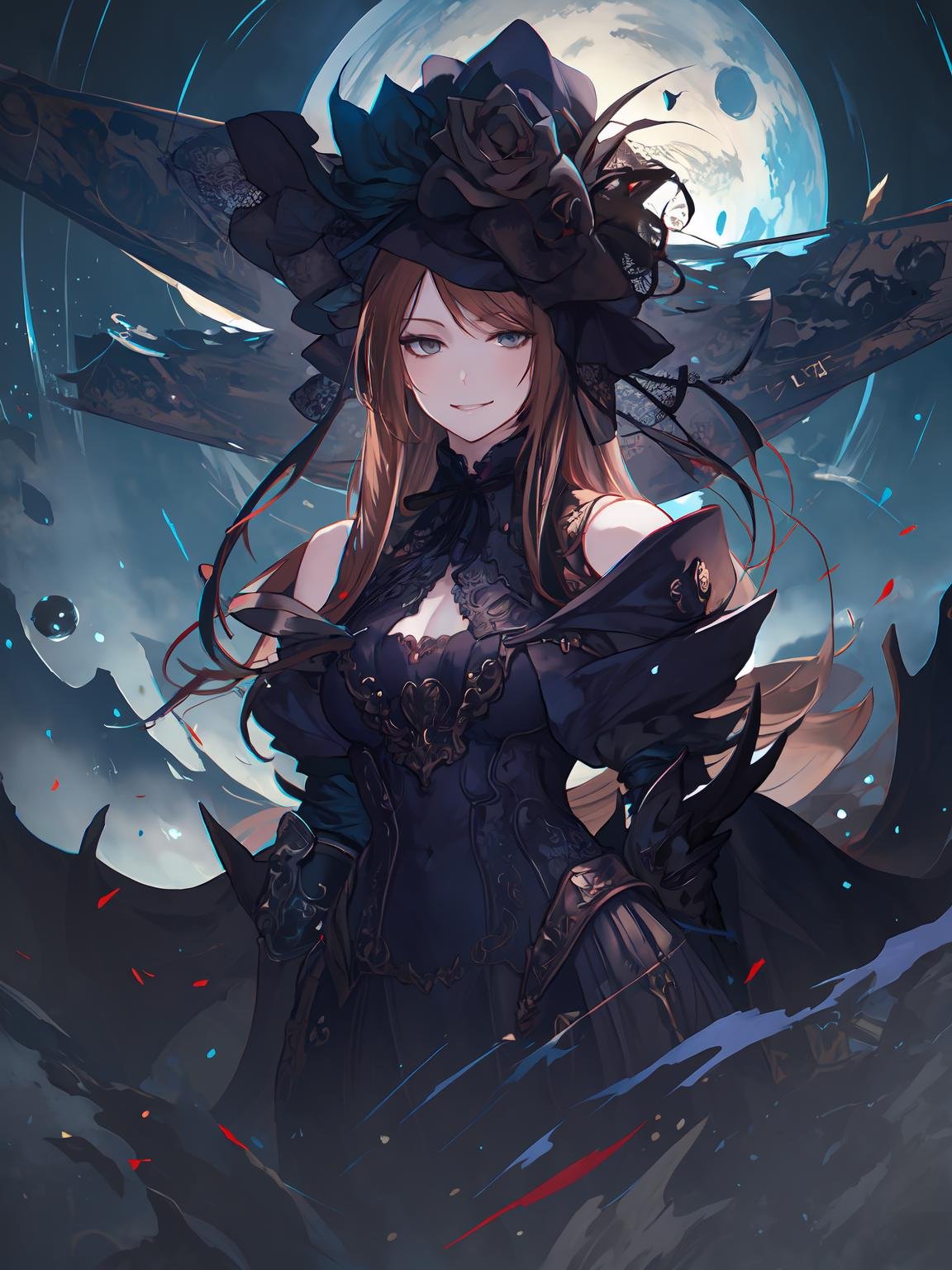 masterpiece,best quality,highres,cinematic lighting,dramatic angle,<lora:ShadowverseGilneliseV3-000048:0.8>  ,1girl,brown hair,hair flower,black headwear,black dress,black gloves,fishnets,looking at viewer,smile,black dark magic orb,dark dust,dark wind,darkness,seductive pose,gauntlets,bare shoulders,veil,sitting,throne,portrait,magic,close-up,grey eyes,black Divination crystal,evil smile,shaded face,cruel,blackhole,destruction,hand supporting own cheek,annihilation,oblivion,hungry sound effects