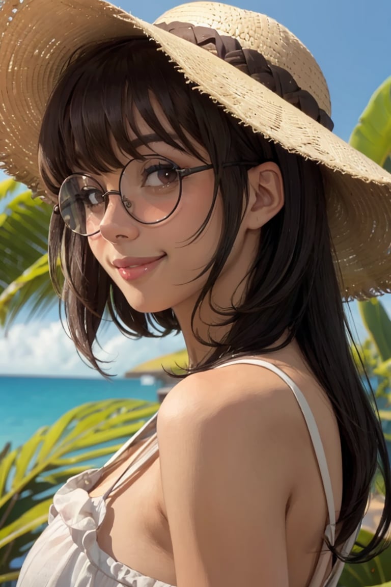 smiling at viewer, portrait, parted lips, cheeky smile,lexupdog, 1girl, lips,  long black hair, blunt end bangs, brown eyes, glasses, sunhat, sundress, realistic, outdoors, tropics, picturesque, depth of field, <lora:lexupdog_v3-04:0.8>