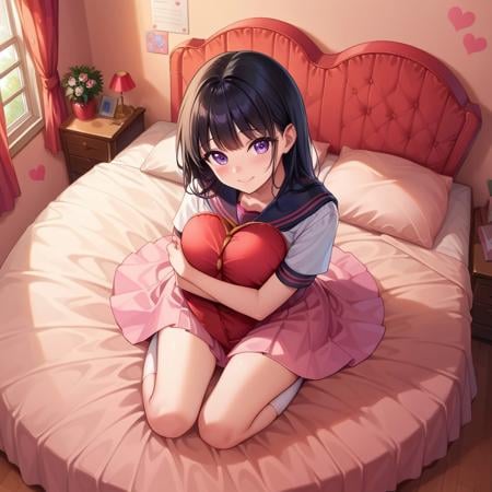 score_9, score_8_up, score_7_up, score_6_up, heartbed, from above, portrait,1girl, solo, black hair, medium breasts, purple eyes, serafuku, frilly dress, hugging knees, smile,detailed background, apartment interior, sunset