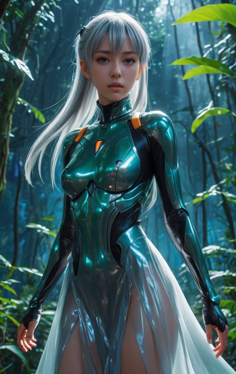 anime style, 1girl, blunt bangs, high ponytail, silver hair, pointy ears, in the depths of a bioluminescent alien jungle, [evangelion:cyberpunk edgerunners:0.5], reflective transparent iridescent opaque clothing, long sleeves, flowing dress, long skirt, very aesthetic, highres, 4k, 8k, intricate detail, cinematic lighting, amazing quality, amazing shading, detailed Illustration, official artwork, wallpaper, official art, extremely detailed eyes and face, beautiful detailed eyes, from below, full body, thigh gap, 