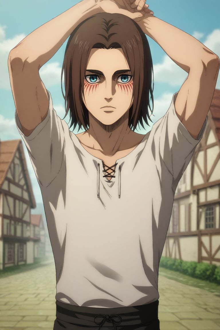 score_9, score_8_up, score_7_up, source_anime, rating_safe, , semi-realistic, looking at viewer, , 1boy, solo, male focus, <lora:eren_yeager_s4_pony:0.82>, eren_yeager_s4, brown hair, blue eyes, medium hair, facial mark, symmetry, town, suburbs, light, arms up, relaxed, texan costume, <lora:sdxl_lightning_8step_lora:1>