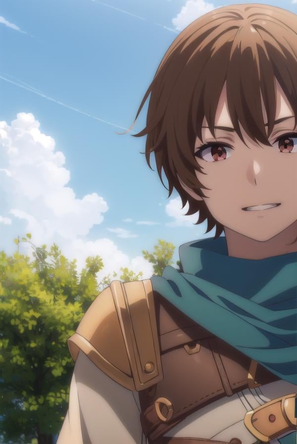 keyaru, <lora:keyaru s1-lora-nochekaiser:1>,keyaru, short hair, (brown eyes:1.5), brown hair, male focus, smile, grin,BREAK cape, armor,BREAK outdoors, forest, nature, grass, trees, sun, sky, clouds,BREAK looking at viewer, (cowboy shot:1.5),BREAK <lyco:GoodHands-beta2:1>, (masterpiece:1.2), best quality, high resolution, unity 8k wallpaper, (illustration:0.8), (beautiful detailed eyes:1.6), extremely detailed face, perfect lighting, extremely detailed CG, (perfect hands, perfect anatomy),