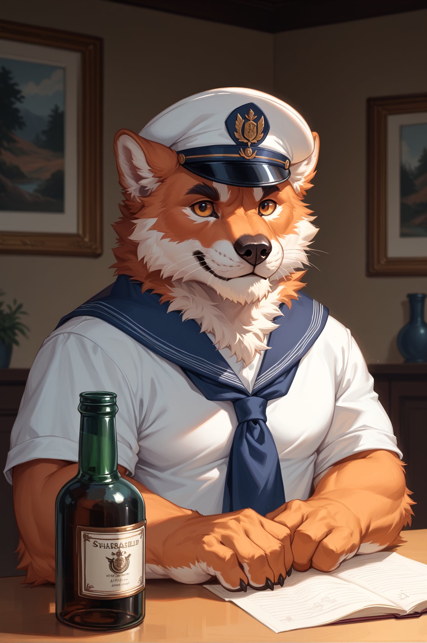 score_9,score_8_up,score_7_up,score_6_up,(furry),(kemono),high quality,tail,rating_explicit,embedding:zPDXL3 BREAK male furry,perfect anatomy,,solo, solo focus,very hairy, ((Sailor hat,open Sailor Suit)),Rugged scruffy weathered old sailor, a portrait of a seaman with a rugged, ships captain, thick beard, capturing a slightly befuddled expression, he is sitting at the table next to him there is a bottle of whiskey, focus is on his facial expressions and the subtle details like the texture of his long beard and the glint in his eyes, cozy, moody cinematic atmosphere, soft cinematic light, RAW photo, dreamy soft focus, detailed photo, gorgeous, shallow depth of field, bokeh, volumetric lighting, iridescent skin, (surreal:0.4), hyper detailed photorealistic life-like accurate proportional 8k sharp focus, (accurate cinematic lighting),