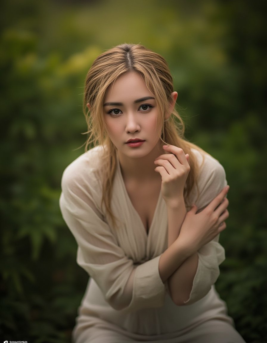 <lora:Asian_women:1>striking, seductive woman, beautiful face, stunningly gorgeous, accentuated athletic curves and beauty, mesmerizing charm, lustful, erotic aesthetic, blonde, from above angle, attractive female elf, 18 years old, sitting in a dense forest, warm light, bright day, ((medieval)), wet skin, sheer loose clothing, small breasts, shoulder-free, intrigued, deep v-neck, dark foxy eyes, stary eyes, mysterious eyes, blue eyes, intense stare, hand lifting neckline, actively flirting, coy, heavy rain, damp unkempt hair, highly detailed skin, without make-up, detailed eyes, perfect hips, wide hips, highly detailed skin, glistening skin, captivating glimmering eyes, perfect hands, natural fingernails, thin lips photrealistic