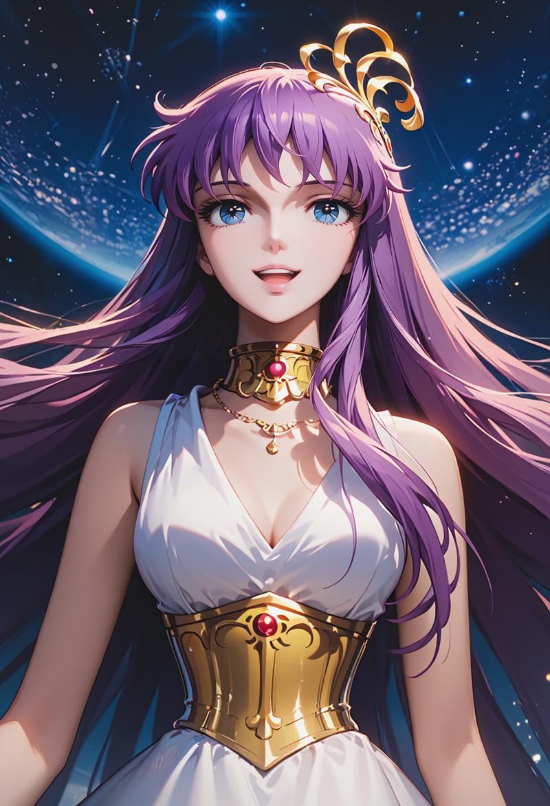 score_9, score_8_up, score_7_up, best quality, intricate details, masterpiece, souce_anime BREAK<lora:SaoriKido_Pony_v11-12:1> athenakido, purple hair, sleeveless dress, athena_accessories,, parted lips, cosmic background,smile, open mouth,