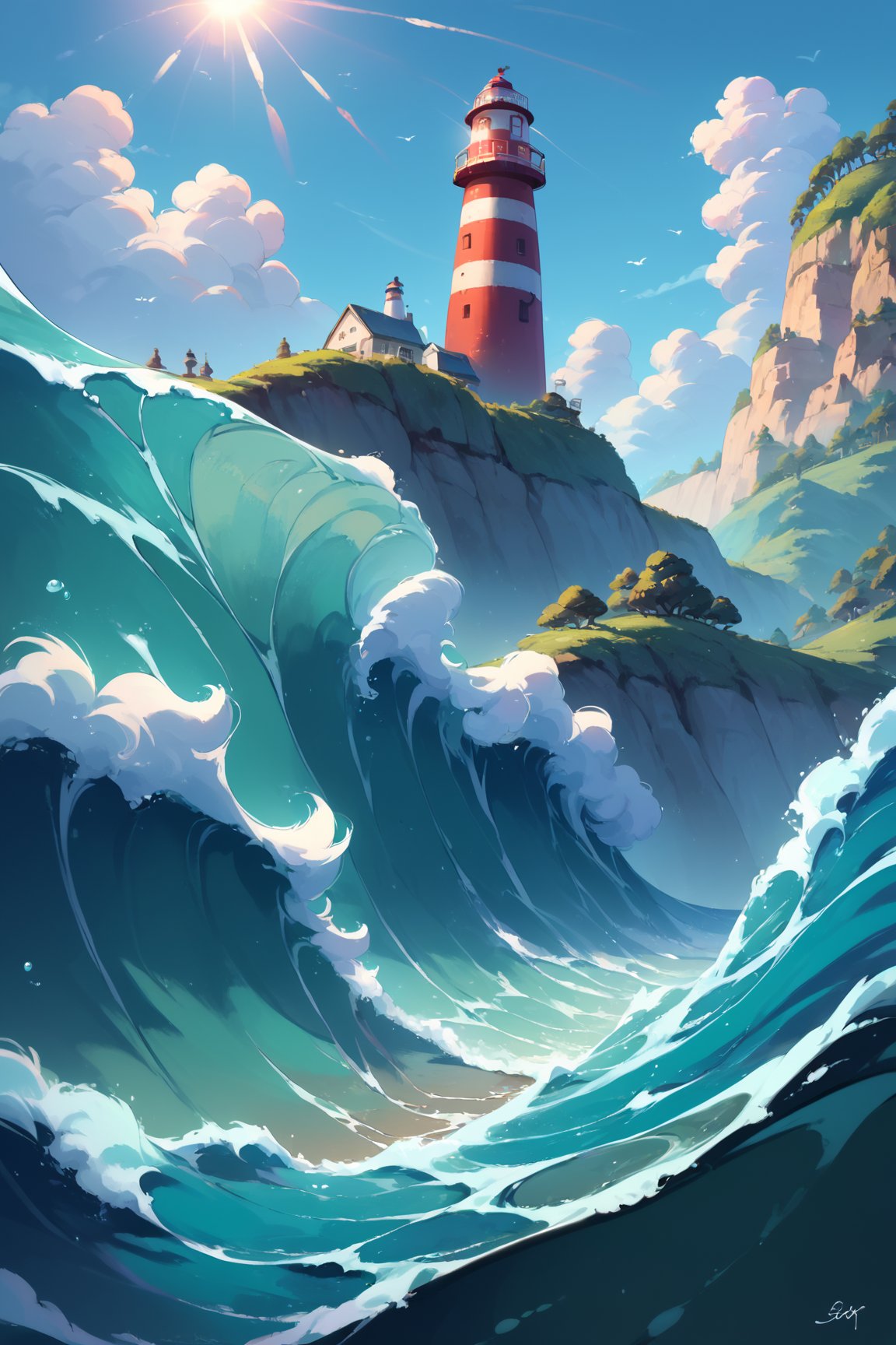 zPDXL, lighthouse, small rocky island, ocean waves, bright sunlight, studio ghibli, (score_9, score_8_up, score_7_up, score_6_up, score_5_up, score_4_up, high res, 4k)