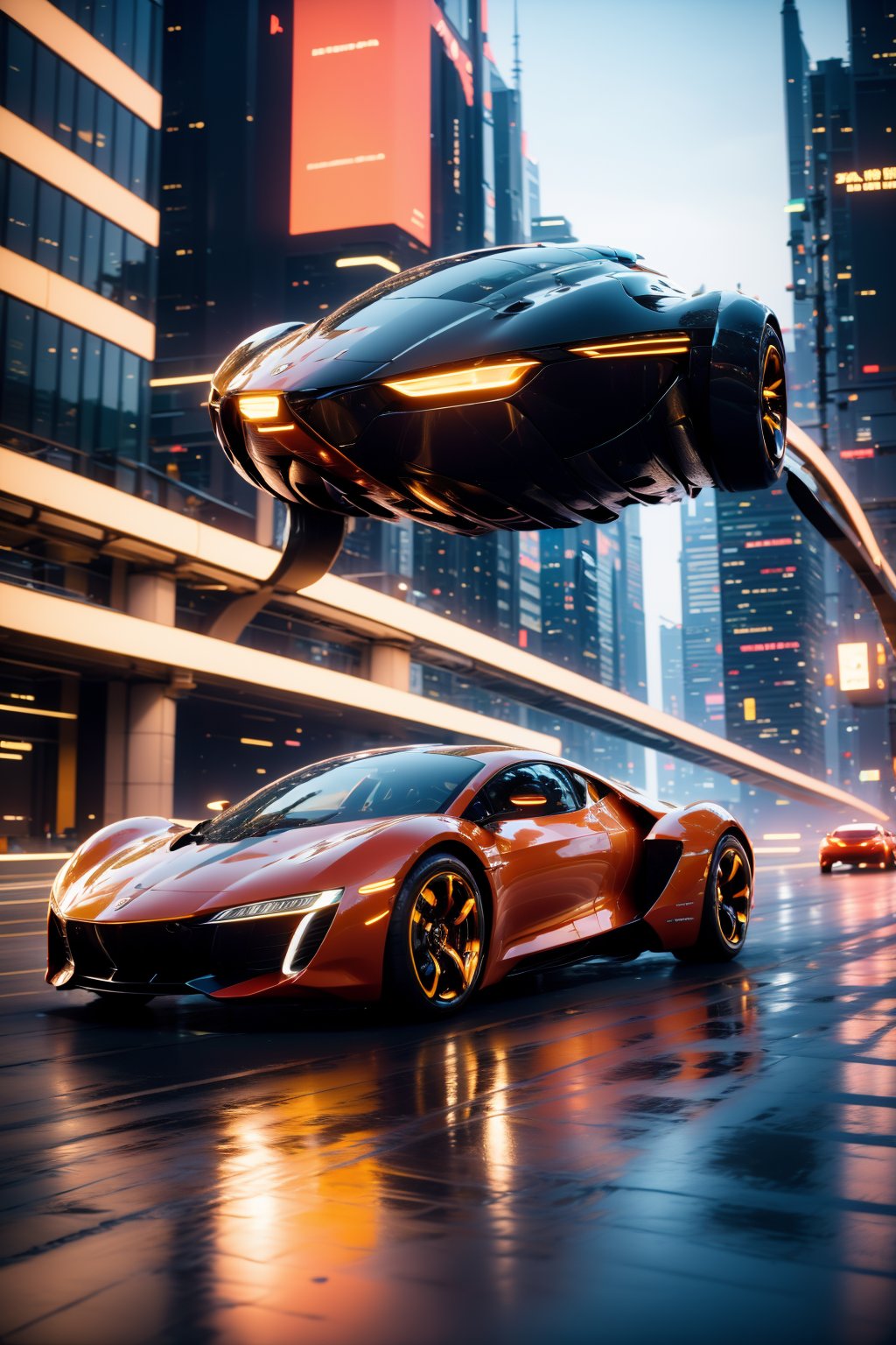 AgainCyberpunk, car, vehicle focus, motor vehicle, no humans, reflection, sports car, city, building, outdoors, sky, science fiction, realistic, scenery, headlight, spoiler \(automobile\), motion blur, night, skyscraper, road, glowing