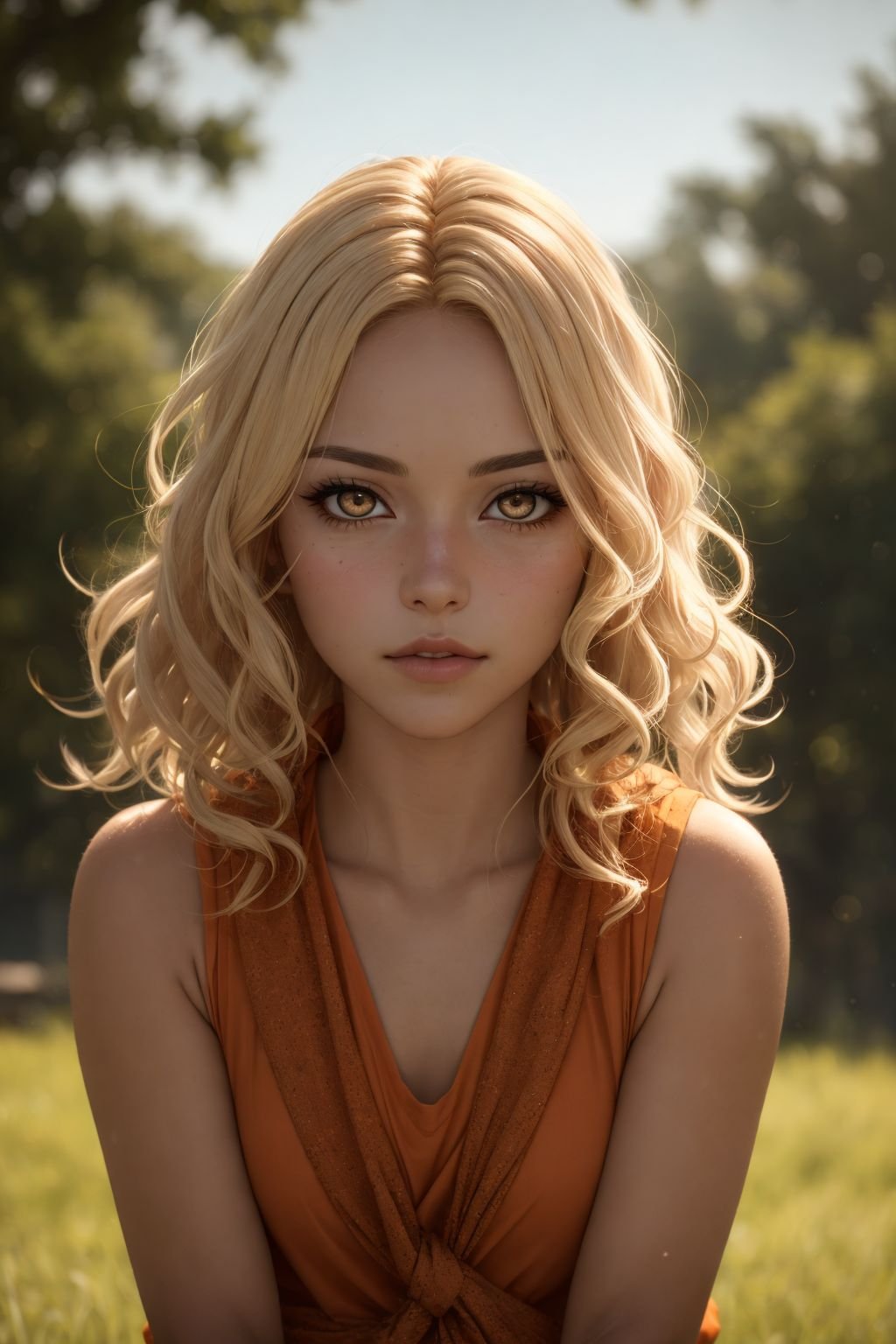 realistic photo of an anime girl, (outdoors), detailed face+eyes, (detailed texture), picturesque, day, dappled sunlight, attractive, full lips, short hair, wavy hair, parted hair, parted bangs, forehead, hair intakes, blonde hair, hawk eyes, white eyes, masterpiece, varied depth of field, limited palette, (cute), bandana, landscape, (tan skin), bracelet, orange shirt, sleeveless, whisker markings, (varied depth of field:0.8), looking, orange, ambient lighting