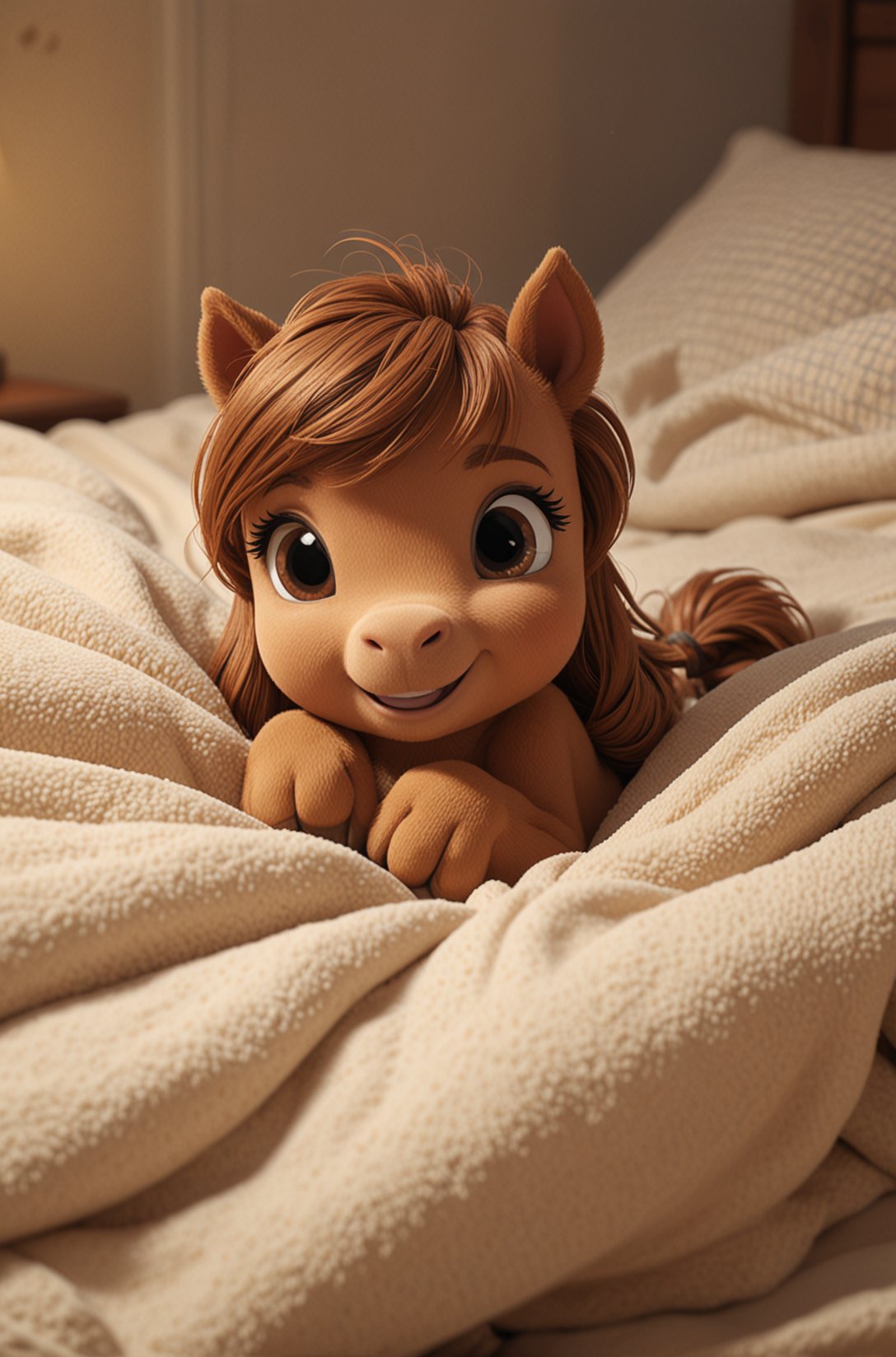 Cute cartoon style of a adorable little Brown Pony, snuggled, curled up, smiling, sleeping with a little blanket, tiny bedroom, on a bed under the blanket, ethereal, soft, detailed, beautiful, cosy, cute, Pixar, snoozing, 3D render, UHD