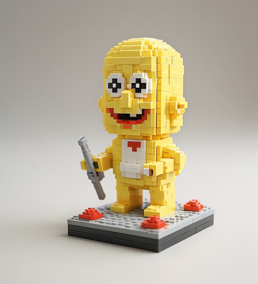 Lego pixel art,toy,3d model,detailed,playful,creativity,fine craftsmanship,childhood,hobby,indoor,studio lighting,<lora:微型像素-000009:0.6>,Spongebob,Ōboshi,Squidward,