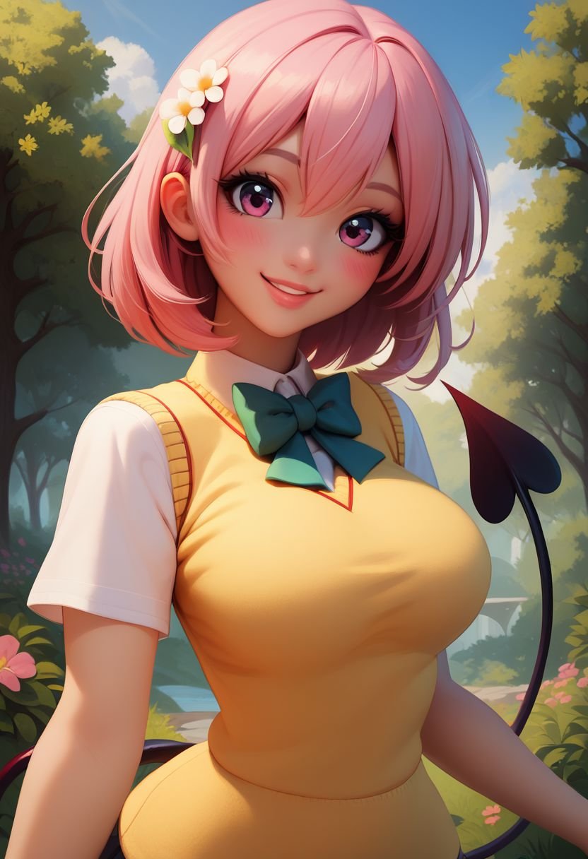 score_9, score_8_up, score_8, medium breasts, (curvy), cute, eyelashes, tlrmomo, pink hair, hair flower, green bowtie, yellow sweater vest, white shirt, short sleeves, green miniskirt, demon tail, looking at viewer, standing, happy, lips, blue sky, trees, waist up head tilt, curvy, smile, blush,