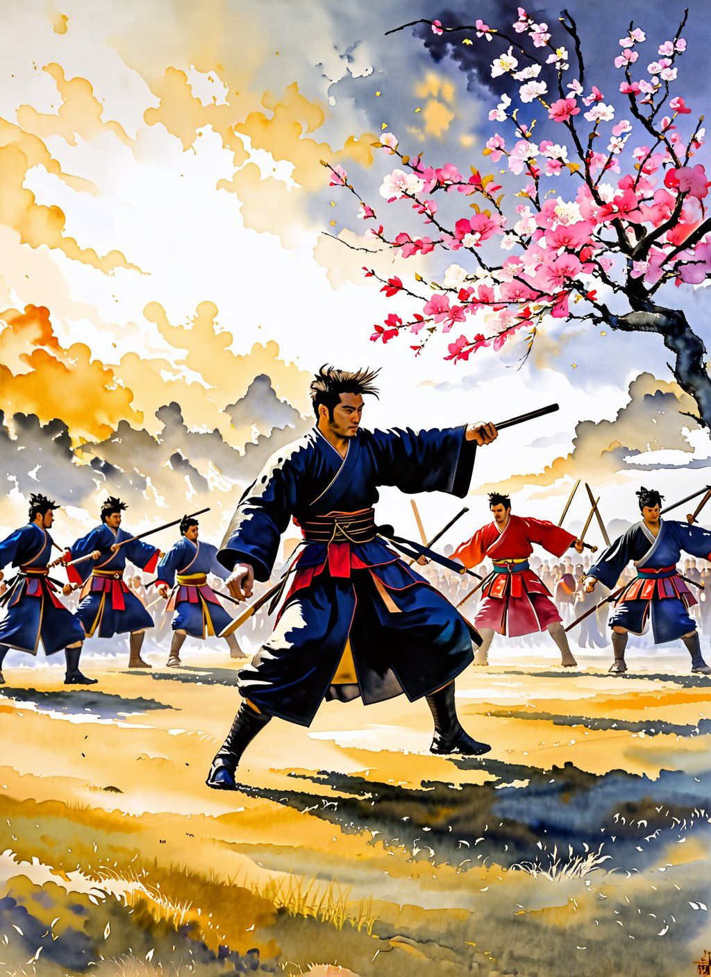 Wide angle watercolor painting, (Samurai engaged in battle dance:1.3), Dynamic composition, Graceful movement, Display of skill, (Determined spirit:1.2), Ornate details in attire, Expansive combat arena, Flowery breeze, (Soft evening glow:1.2), Precise brushwork, Harmonious color blend, Timeless tradition