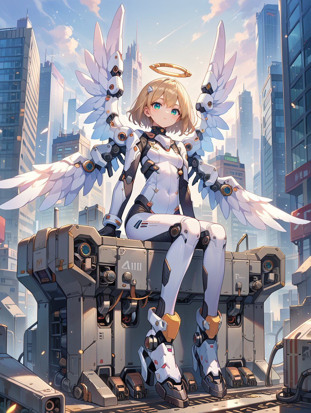 score_9, score_8_up, score_7_up,source_anime,mechagirl02,solo,mecha musume, 1girl, bodysuit,mechanical boots, mechanical parts, angel wings, light particles,engine,  valtava, sitting on building, city,  <lora:roboko-000015:0.5>