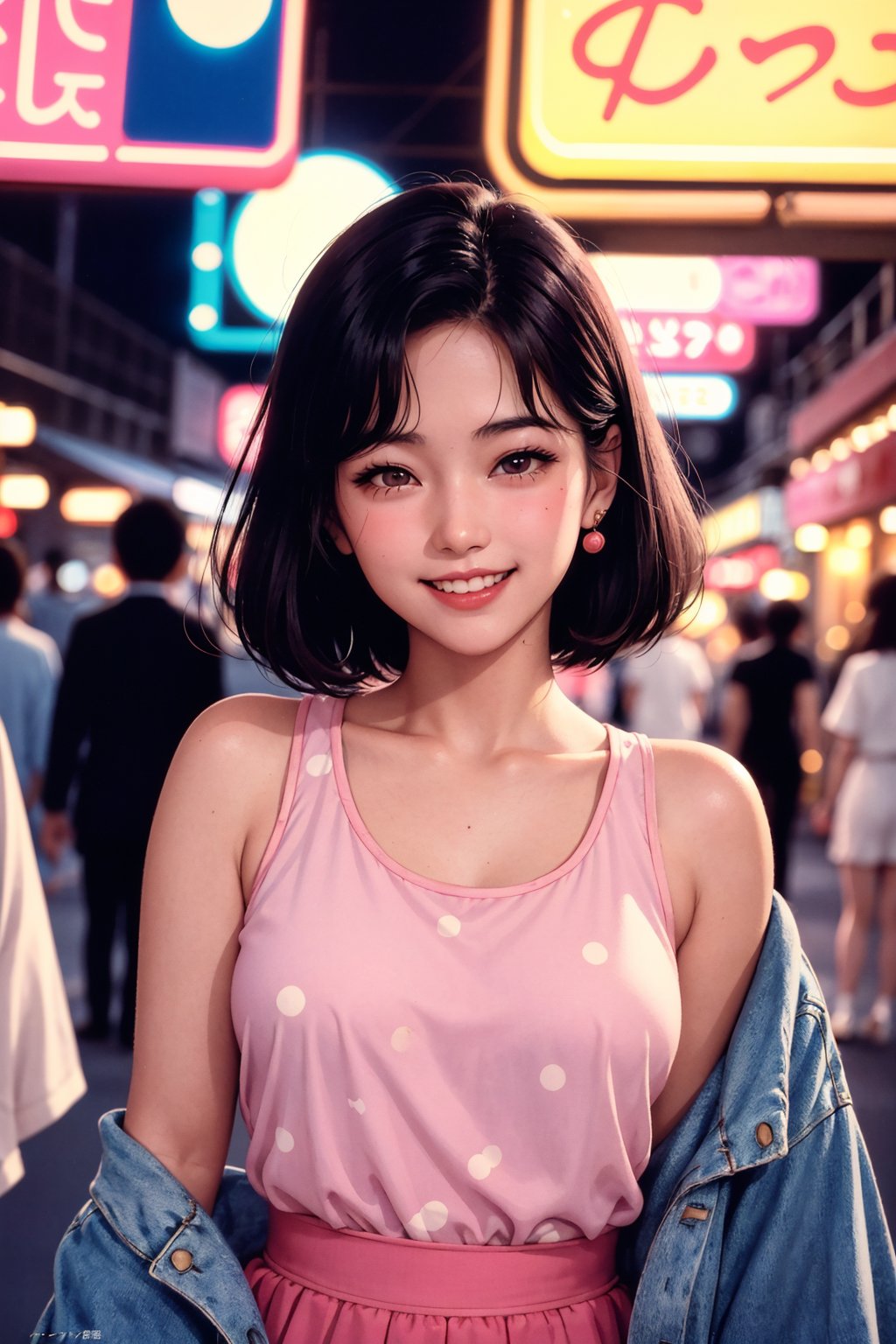 Portrait of a 21 year old female in Japanese city in the 80s wearing cute 80s fashion and seikochan cut at night with neon signs and looking at viewer smiling with ((vintage photo quality)) and ((film grain))