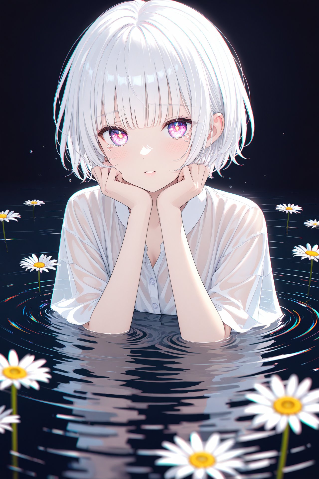 (masterpiece),(best quality),illustration,ultra detailed,hdr,Depth of field,(colorful),(chromatic aberration),(beautiful young female:1.4),(streaming tears),sad,(daisy),(daisy),(daisy),looking at viewer,partially submerged,both hands on own cheek,{see-through long shirt},{no bra},(white hair, short hair, bangs:1.2),(glowing eyes),ripples,dark water,black background,(prismatic),