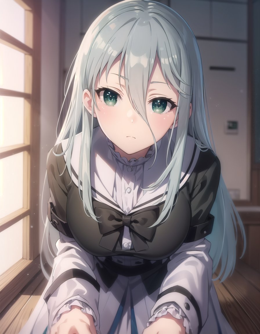 gekkosenko, <lora:sk gekko senko s1-lora-nochekaiser:1>,senko, long hair, hair between eyes, (green eyes:1.3), grey hair,BREAK bow, school uniform, serafuku, long sleeves, puffy sleeves, grey serafuku,BREAK indoors, classroom,BREAK looking at viewer, (cowboy shot:1.5),BREAK <lyco:GoodHands-beta2:1>, (masterpiece:1.2), best quality, high resolution, unity 8k wallpaper, (illustration:0.8), (beautiful detailed eyes:1.6), extremely detailed face, perfect lighting, extremely detailed CG, (perfect hands, perfect anatomy),