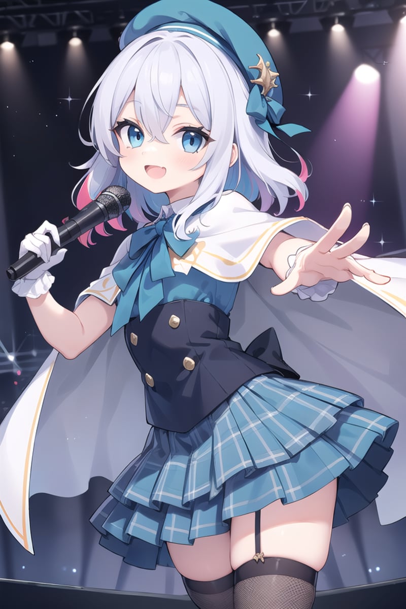 insanely detailed, absurdres, ultra-highres, ultra-detailed, best quality,1girl, solo, nice hands, perfect handsBREAK(nsfw:-1.5),(gothic drress, Idol costume:1.3), (blue and white theme:1.2), (white blouse:1.4), (white collar, tie:1.3), (open short-cape:1.3), (short sleeve:1.2), (blue tartan-check pattern (ruffle-skirt, multilayer-skirt):1.4), (white basque-beret with ribbon:1.3), (Fishnet stockings:1.3), (glove:1.2), (cleavage:-1.5)BREAKhappy smile, laugh, open mouth, (standing, singing, dancing, holding microphone:1.4)BREAK,seductive pose, cowboy shotBREAKslender, kawaii, perfect symmetrical face, ultra cute girl, ultra cute face, ultra detailed eyes, ultra detailed hair, ultra cute, ultra beautifulBREAKindoors, concert hall, idol live, crowded audienceBREAKmedium breastsBREAK(random color hair, multicolored hair:1.2), rainbow color eyes, messy hair, hair between eyes