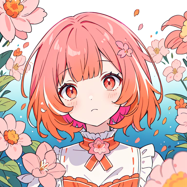 <lora:standingFullBodyWithBackgroundStyle_v10Offset（立绘法:1>,(gradient eyes,multicolored eyes,(red and pink and orange eyes)),(hime cut,asymmetric bangs,hair pink flowers,messy hair,(red pink orange hair, short hair, )),masterpiece,best quality,, masterpiece, best quality,, fcportrait