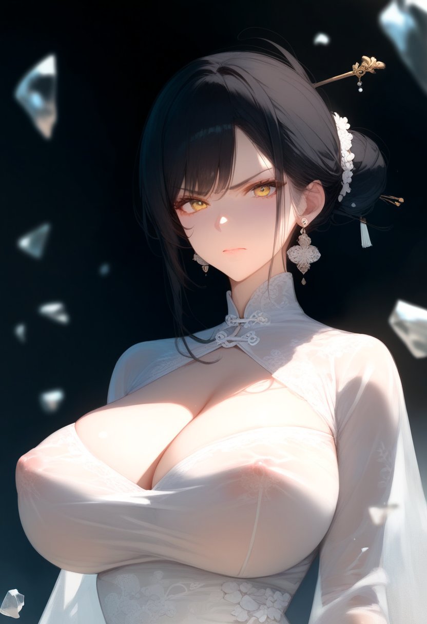 score_9, score_8_up, score_7_up, score_6_up, score_5_up, score_4_up, <lora:style1:1>, style1, 1girl, solo, long hair,angry, looking at viewer, simple background, large breasts, black hair, long sleeves, hair ornament, dress, closed mouth, cleavage, jewelry, upper body, earrings, white dress, hair bun, huge breasts, covered nipples, yellow eyes, see-through, chinese clothes, single hair bun, black background, hair stick, see-through dress, broken glass background, depth of field, 
