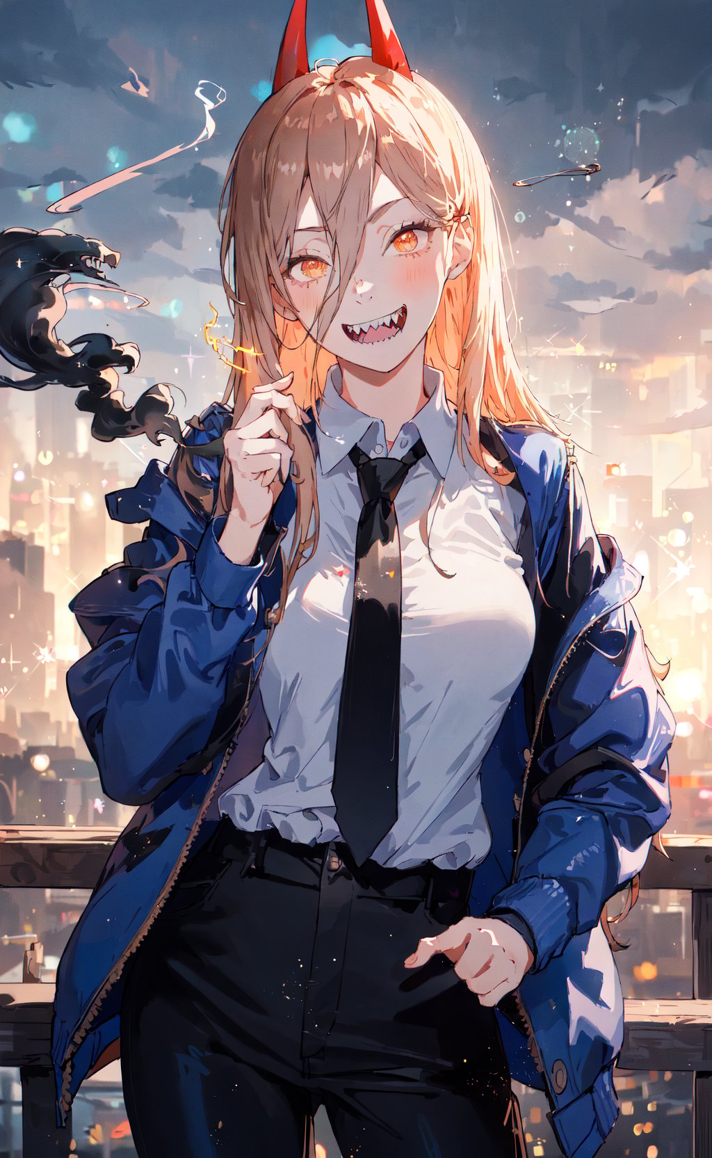 masterpiece, best quality, realistic, 1girl, power \(csm\), sharp teeth, grin, looking at viewer, cross-shaped pupils, blue jacket, collared shirt, black necktie, black pants, cloudy sky, smoke, bokeh, glittering, sparkling, <lora:csm_power-13:0.8>