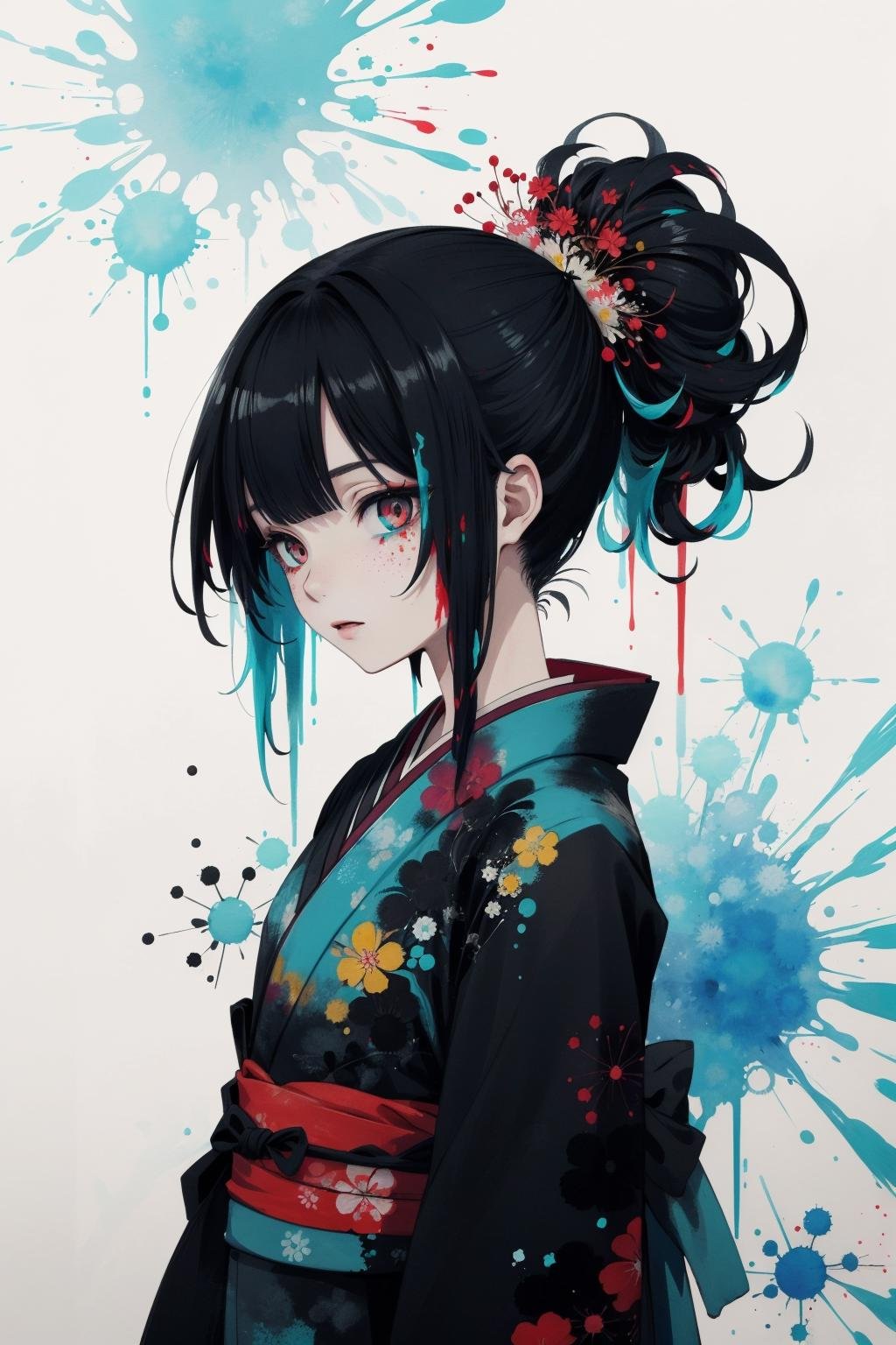 masterpiece, best quality, 1 girl, kimono, (lycoris flower) in hair, highly detailed, high definition, hair up, (aqua ink and paint splatter), (aqua ink and paint splatter), (black ink, black paint splatter), watercolor, vibrant colors, octans