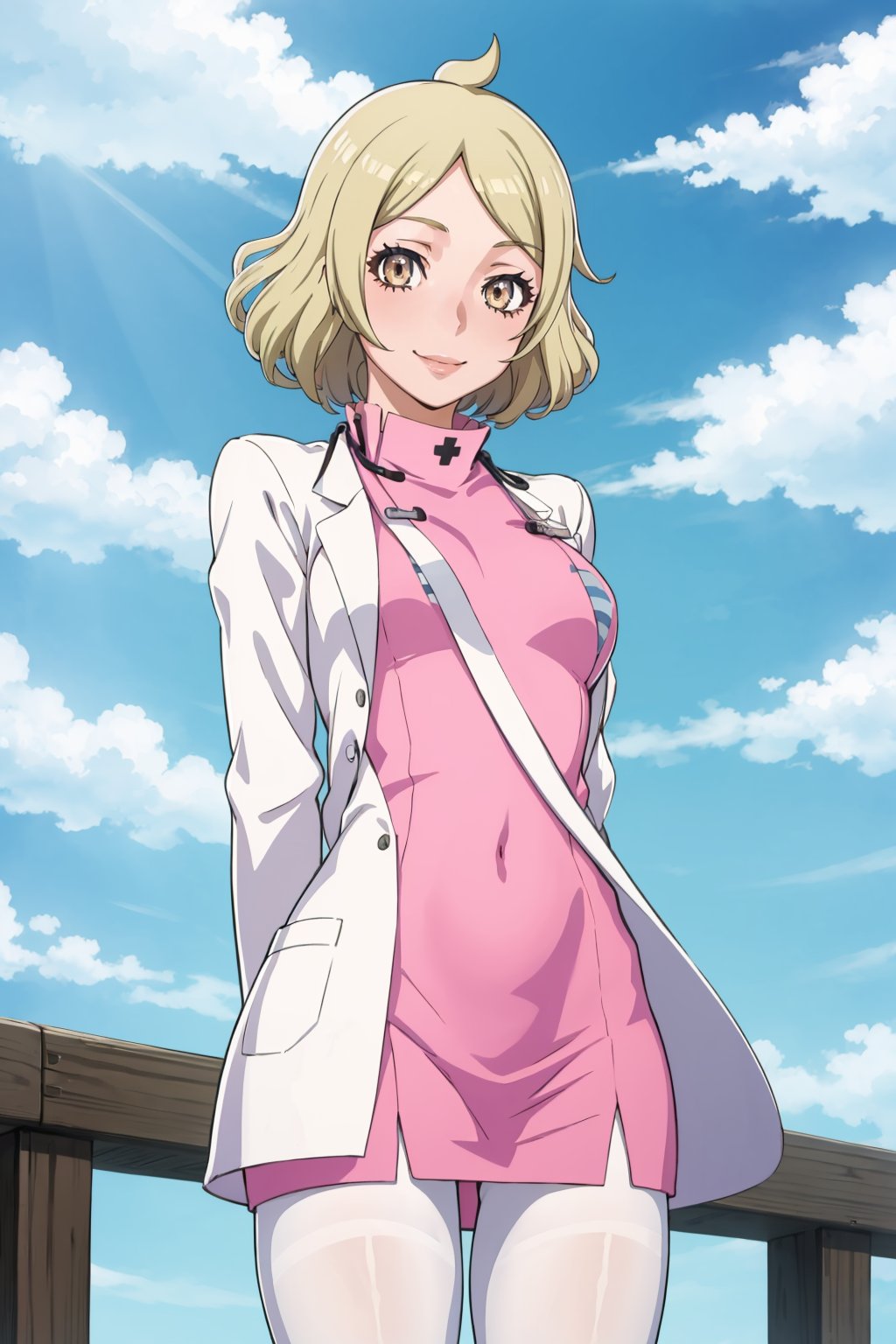 masterpiece, best quality, solo, 1girl, smile, looking at viewer,  <lora:Otome_Fp:1>, otomedesu2, nurse, labcoat, pantyhose, <lora:FE-ENGAGE S Rank_Fp:1>, sky, cloud, arms behind back, 