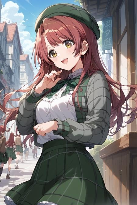 score_9, score_8_up, score_7_up, score_6_up, 1girl,<lora:Kasuga_Haruna:0.9> haruna, long hair, long sleeves, plaid beret, green skirt, plaid top,