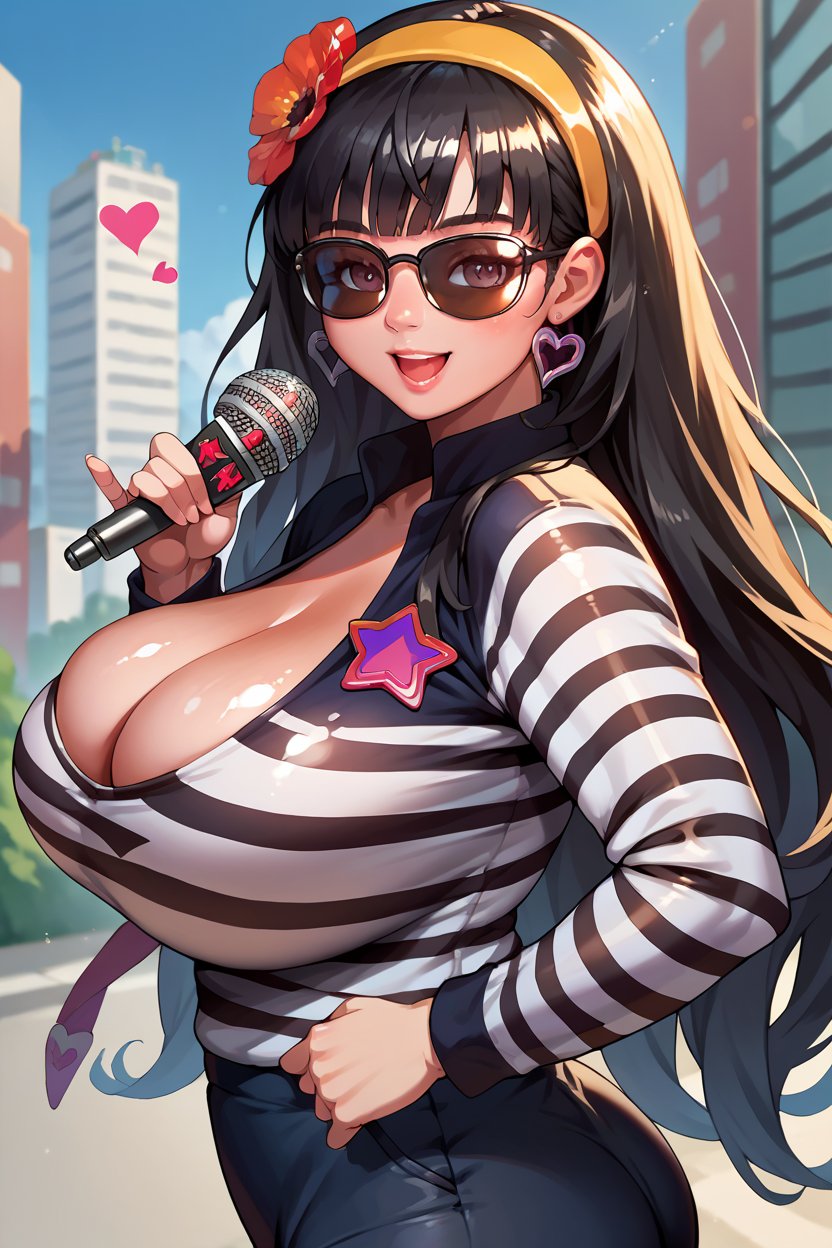 score_9, score_8_up, score_7_up, score_6_up, source_anime BREAK 1girl, solo  <lora:dcanemone-pdxl-nvwls-v1:1> dcAne, black hair, hairband, hair flower, sunglasses, heart earrings, striped shirt, black and white shirt, long sleeves, cleavage, black buruma, star \(symbol\), large breasts, shiny skin, holding microphone, city, blue sky, from side, happy, huge breasts, shiny skin, covered eyes