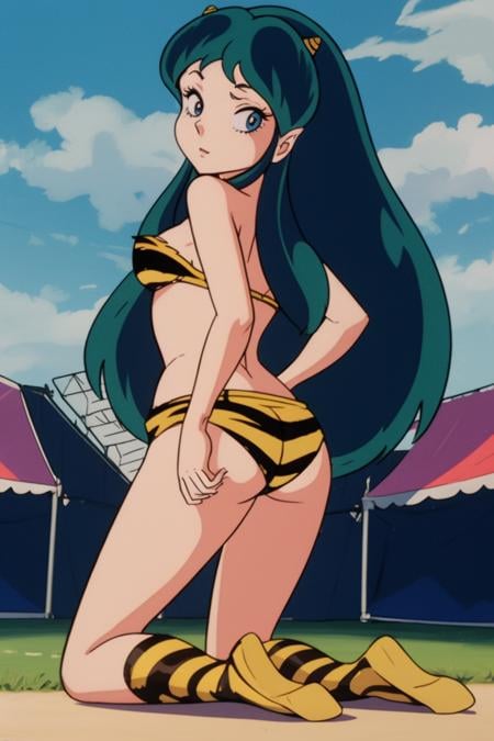 masterpiece, 8k,<lora:Urusei_Yatsura(original) lum:0.7> lum, oni horns, Kneeling with hands on the ground and looking back, Music Festival