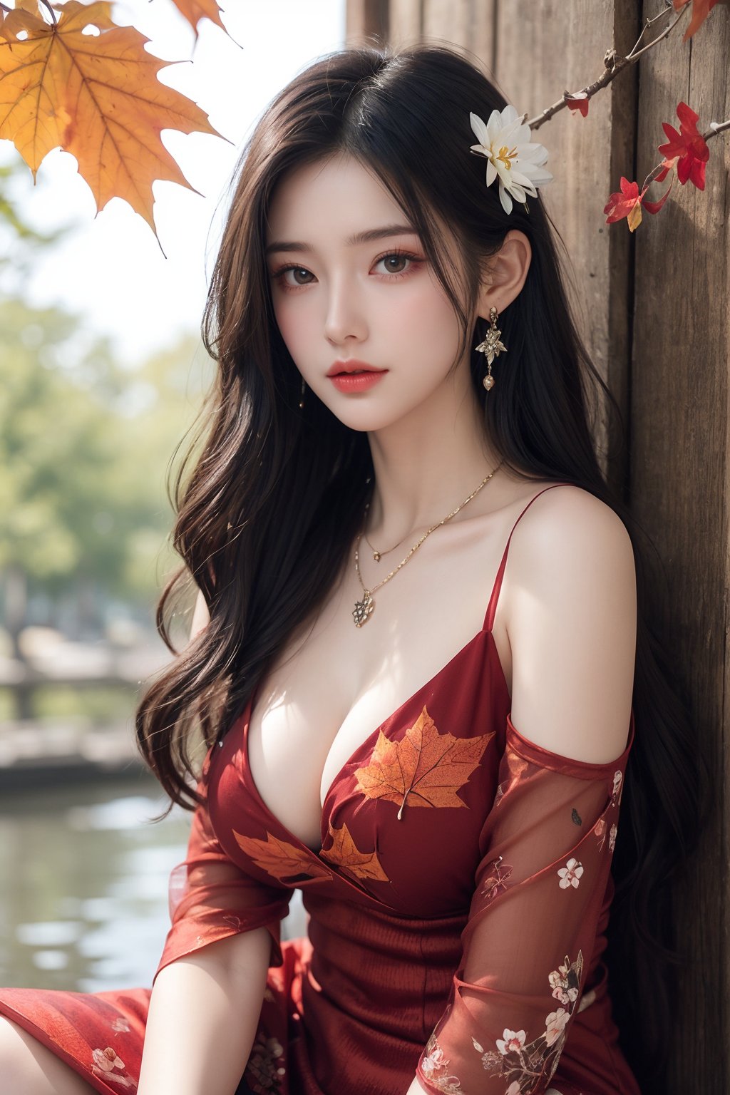 1girl, autumn leaves, bare shoulders, black hair, branch, breasts, cleavage, detached sleeves, dress, earrings, flower, hair ornament, jewelry, leaf, lily pad, lips, long hair, looking at viewer, maple leaf, necklace, petals, red dress, sitting, solo, tree, very long hair, waterflower <lora:美女:0.8>