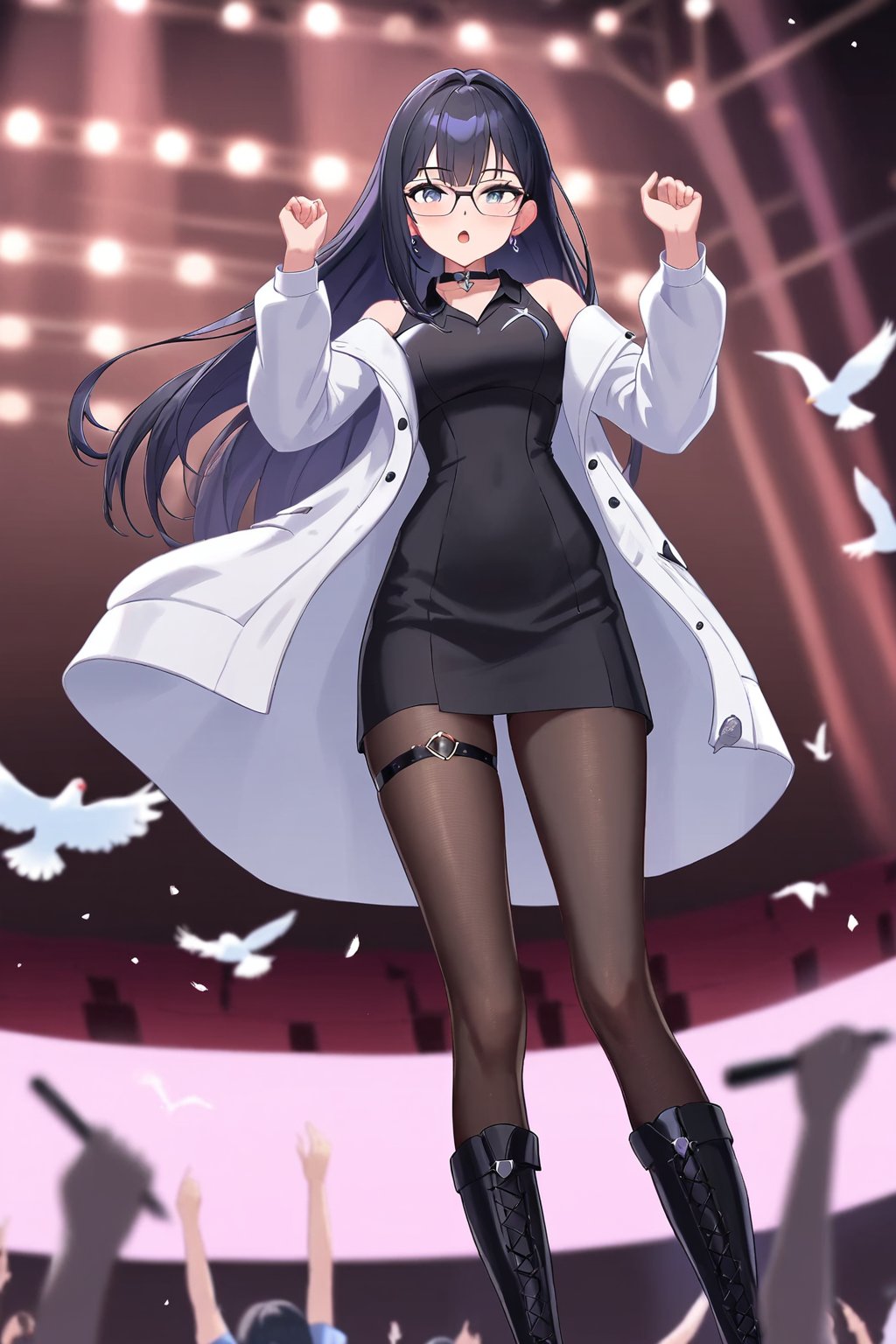 sinuo,1girl,long white coat,long hair,boots,(black shirt:1.2),glasses,looking at viewer,black-framed eyewear,jewelry,thigh strap,black pantyhose,earrings,smile,choker,bare shoulders,black hair,<lora:zhijiang-sinuo-000004:0.5>,masterpiece,best quality,(pencil_dress:1.1),(collared_dress:1.2),stage,stage lights,birds,blurry background,blurry foreground,open clothes,from below,dancing,hands up,:o