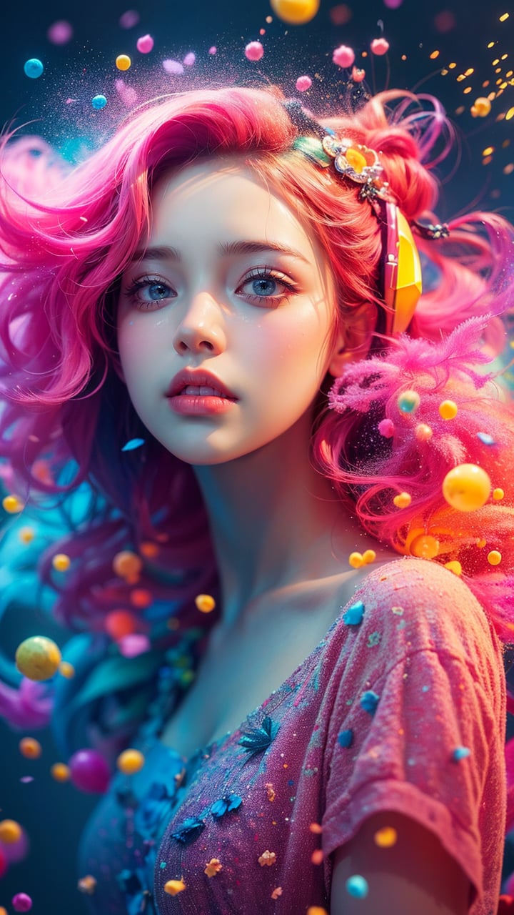 Colorful Girl,full body,1 girl,dynamic posture,colorful hair,gradient hair,powder particle background,ultra-fine powder particles,super details,ultra-high quality,artistic,official art,