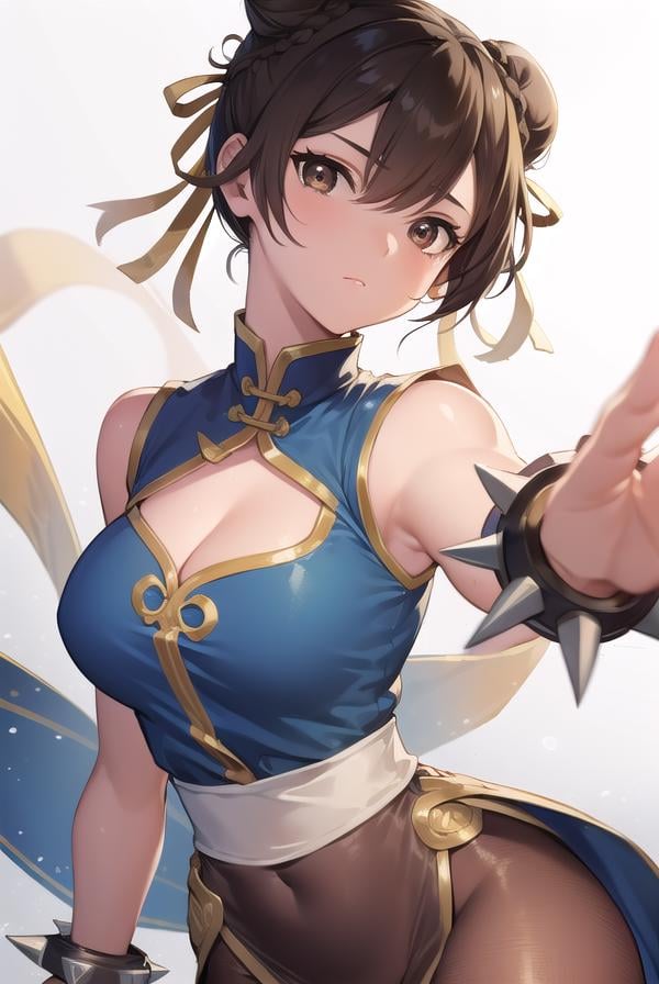 chunli, <lora:chun li v2-lora-nochekaiser:1>,chun li, (brown eyes:1.7), brown hair, (bun cover:1.5), double bun, eyeliner, hair bun, lipstick, makeup, pink lips,BREAK blue dress, boots, bracelet, brown pantyhose, china dress, chinese clothes, cross-laced footwear, dress, gold trim, jewelry, pantyhose, pelvic curtain, puffy sleeves, sash, short sleeves, side slit, spiked bracelet, spikes, white footwear,BREAK outdoors,BREAK looking at viewer, full body,BREAK <lyco:GoodHands-beta2:1>, (masterpiece:1.2), best quality, high resolution, unity 8k wallpaper, (illustration:0.8), (beautiful detailed eyes:1.6), extremely detailed face, perfect lighting, extremely detailed CG, (perfect hands, perfect anatomy),