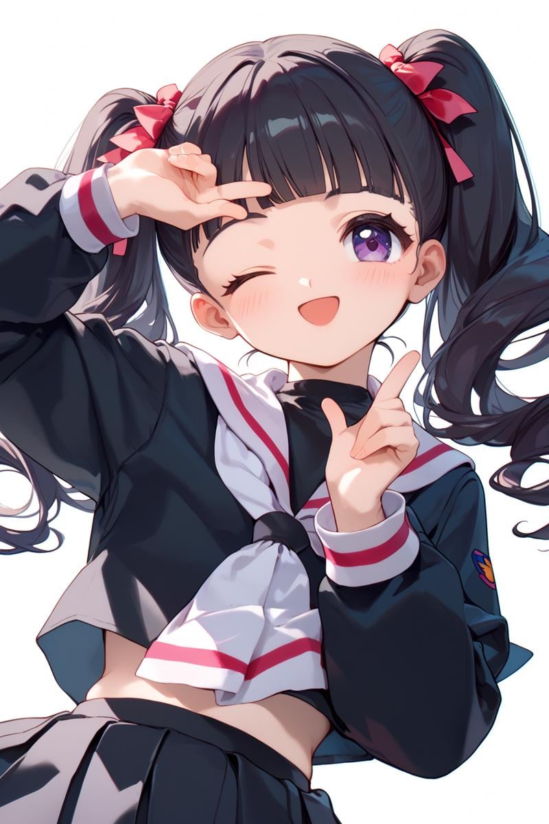 score_9, score_8_up, score_7_up, source_anime,simple background,cowboy shot,sitting, holding twintails, wink, blush, open smile,<lora:tomoyo_autismConfetti_v01:1>black hair, blunt bangs, long hair, purple eyes,  twintails,tomoeda elementary school uniform,  black shirt, sailor collar, school uniform,  white sailor collar, long sleeves, white pleated skirt,, zPDXL